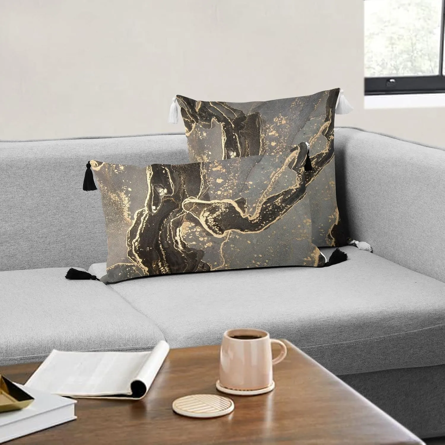Black Gold Grey Marble Stone Marbled Texture Mosaic with Golden Veins One Side Linen-Like Pillow Case Sham Cushion Case Cover with Core, Soft Bed Pillow Case Throw Pillowcase with Core 20x20 inches