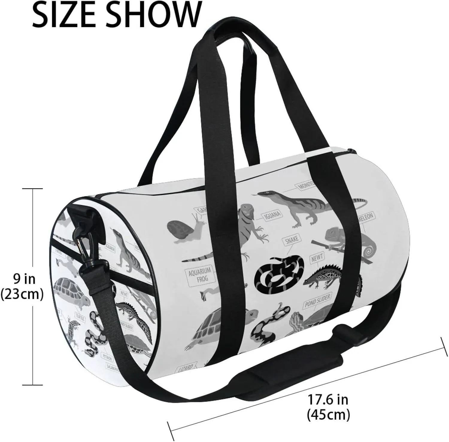 Black Grey Pet Reptiles Frog Iguana Lizard Snake Newt Turtle Duffel Bag, Foldable Canvas Travel Tote for Gym Sports with Inner Pockets, Durable Lightweight Fitness Bag for Overnight Workout