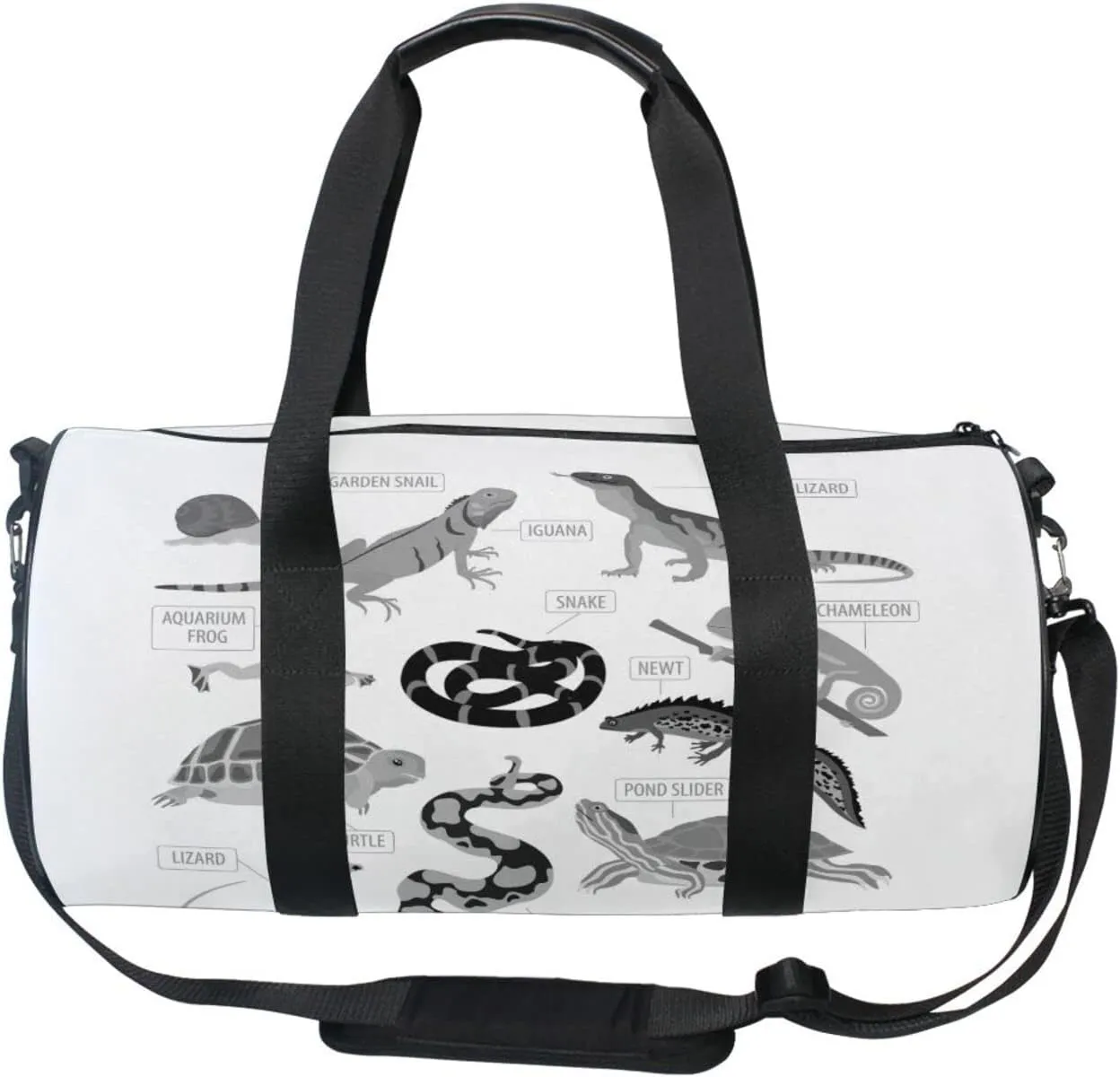 Black Grey Pet Reptiles Frog Iguana Lizard Snake Newt Turtle Duffel Bag, Foldable Canvas Travel Tote for Gym Sports with Inner Pockets, Durable Lightweight Fitness Bag for Overnight Workout