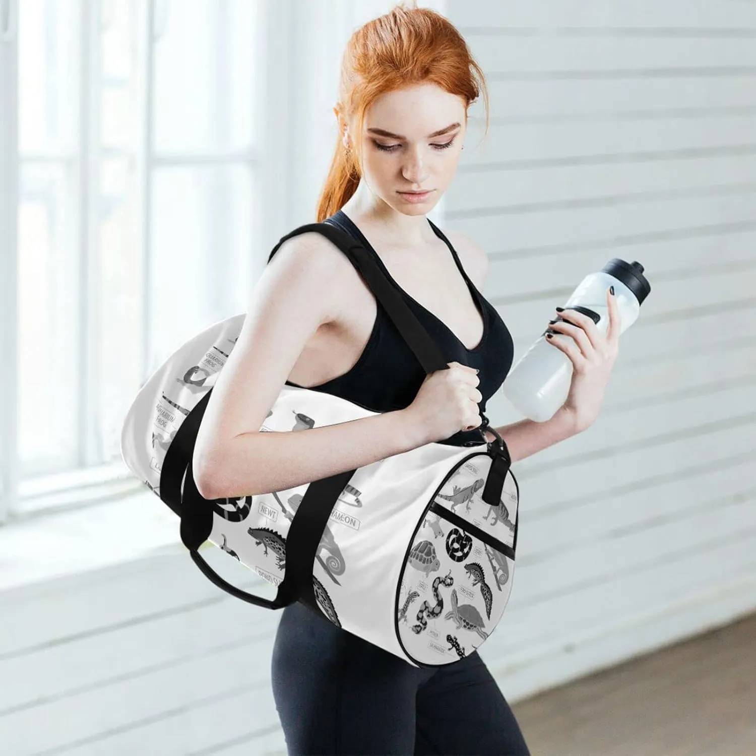 Black Grey Pet Reptiles Frog Iguana Lizard Snake Newt Turtle Duffel Bag, Foldable Canvas Travel Tote for Gym Sports with Inner Pockets, Durable Lightweight Fitness Bag for Overnight Workout