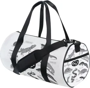 Black Grey Pet Reptiles Frog Iguana Lizard Snake Newt Turtle Duffel Bag, Foldable Canvas Travel Tote for Gym Sports with Inner Pockets, Durable Lightweight Fitness Bag for Overnight Workout