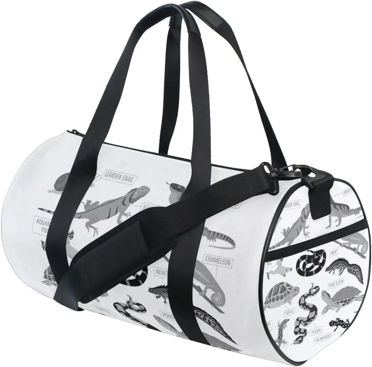 Black Grey Pet Reptiles Frog Iguana Lizard Snake Newt Turtle Duffel Bag, Foldable Canvas Travel Tote for Gym Sports with Inner Pockets, Durable Lightweight Fitness Bag for Overnight Workout
