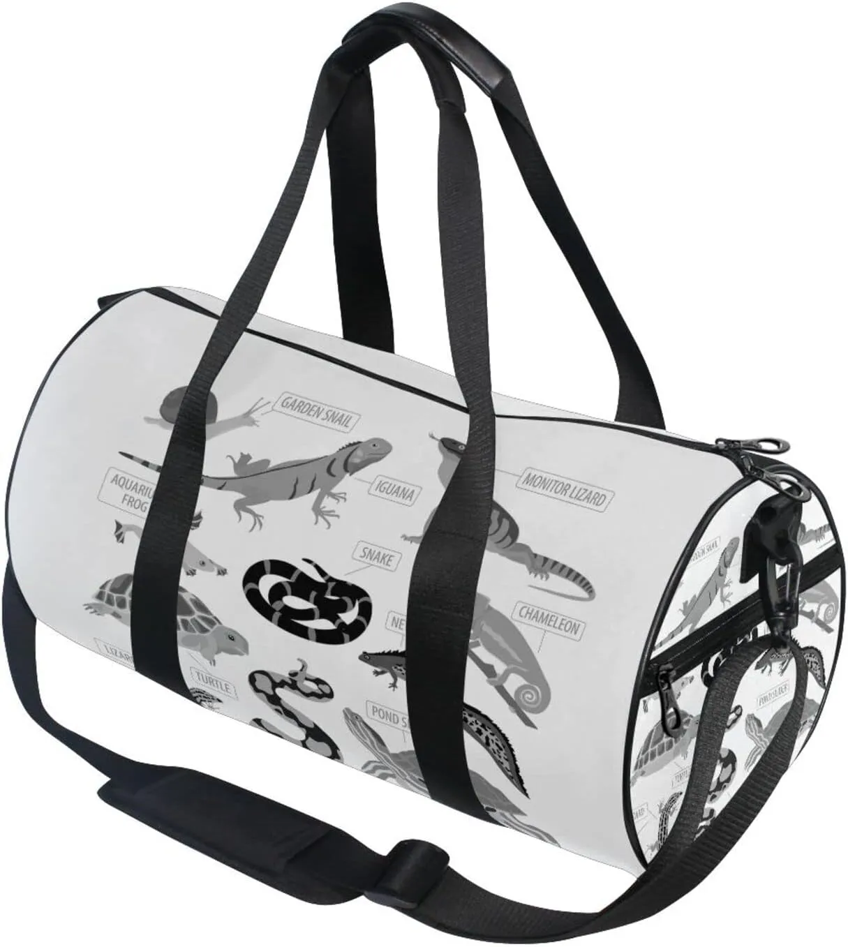 Black Grey Pet Reptiles Frog Iguana Lizard Snake Newt Turtle Duffel Bag, Foldable Canvas Travel Tote for Gym Sports with Inner Pockets, Durable Lightweight Fitness Bag for Overnight Workout