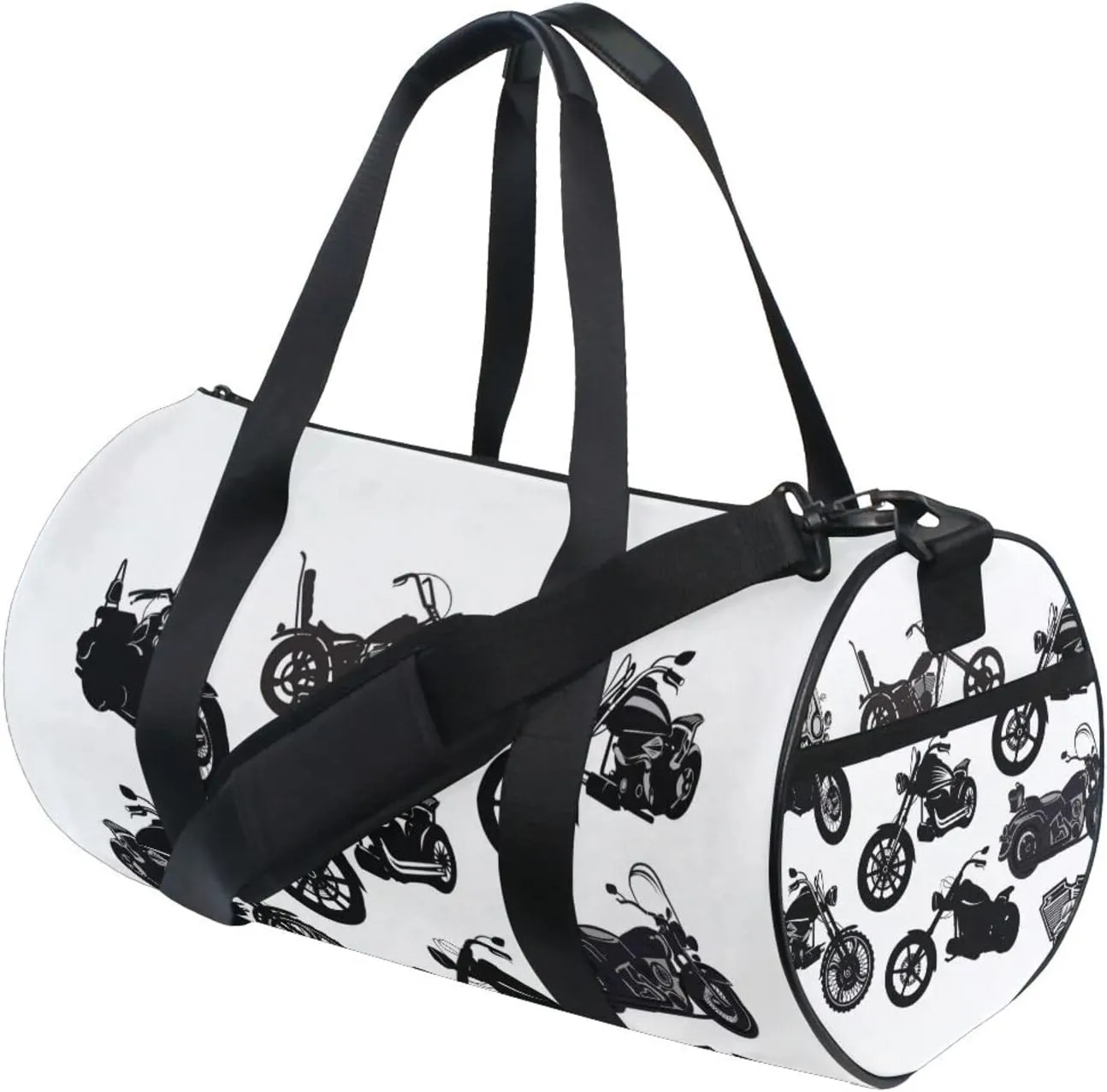 Black Motorcycle Silhouette Set from Different Perspectives Duffel Bag, Foldable Canvas Travel Tote for Gym Sports with Inner Pockets, Durable Lightweight Fitness Bag for Overnight Workout