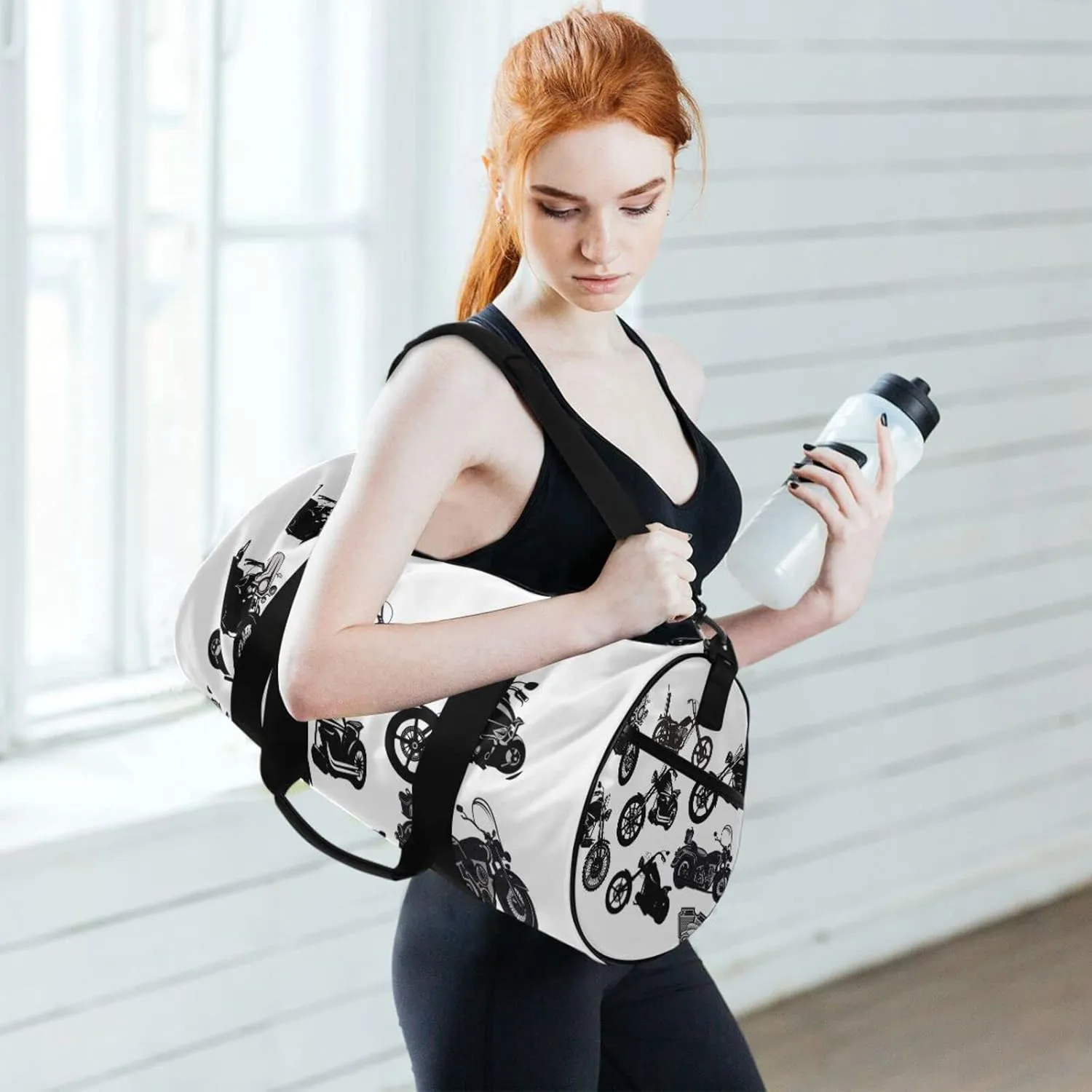 Black Motorcycle Silhouette Set from Different Perspectives Duffel Bag, Foldable Canvas Travel Tote for Gym Sports with Inner Pockets, Durable Lightweight Fitness Bag for Overnight Workout