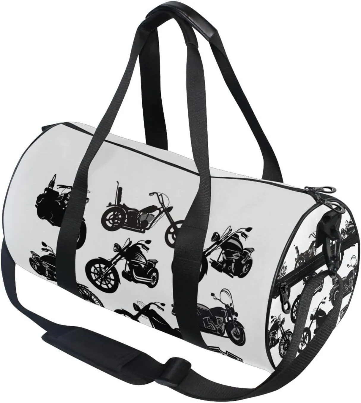 Black Motorcycle Silhouette Set from Different Perspectives Duffel Bag, Foldable Canvas Travel Tote for Gym Sports with Inner Pockets, Durable Lightweight Fitness Bag for Overnight Workout