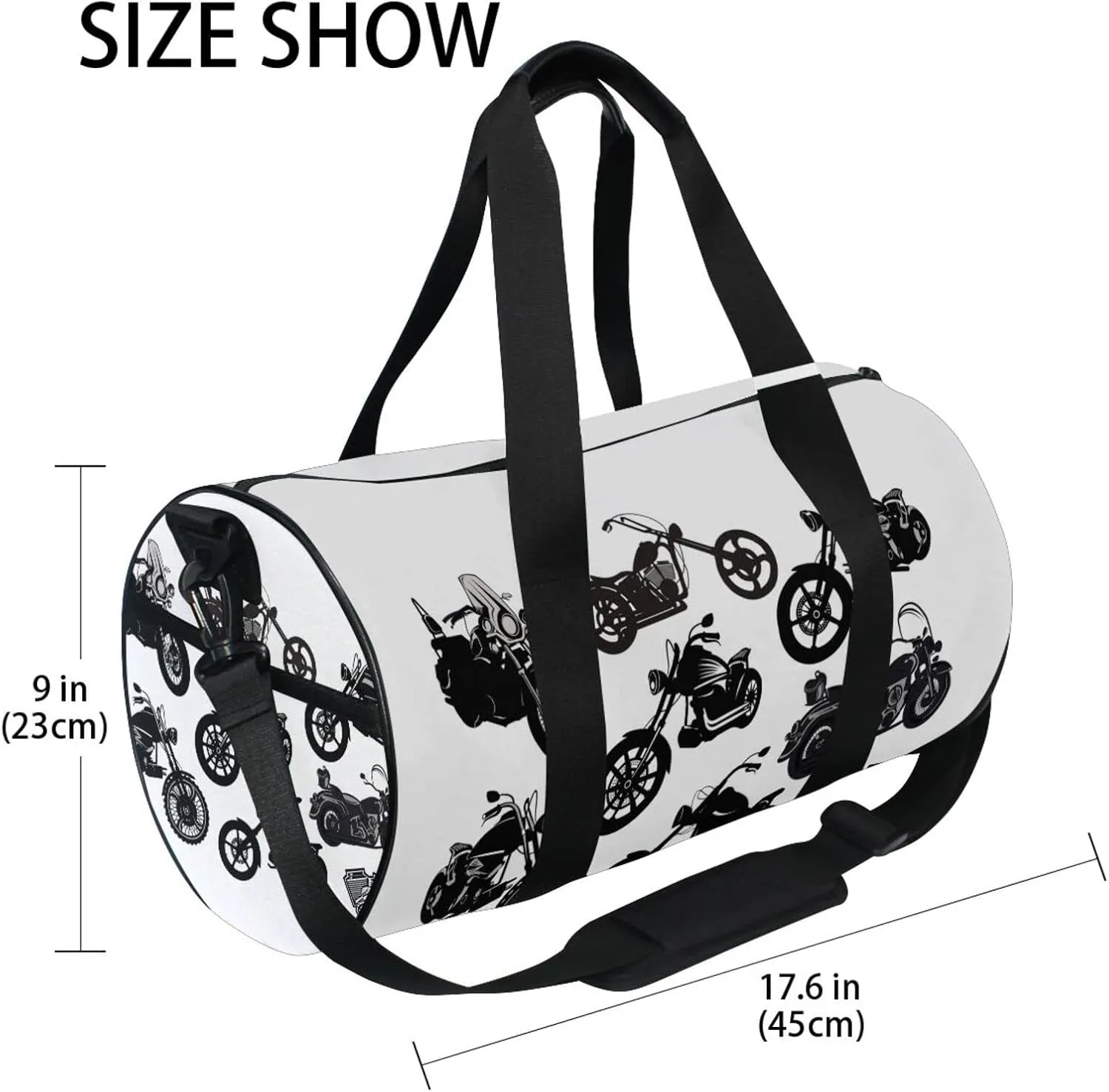 Black Motorcycle Silhouette Set from Different Perspectives Duffel Bag, Foldable Canvas Travel Tote for Gym Sports with Inner Pockets, Durable Lightweight Fitness Bag for Overnight Workout