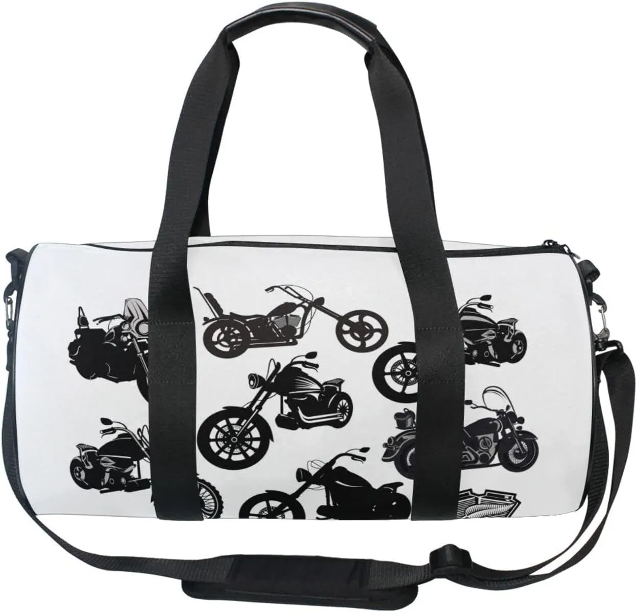 Black Motorcycle Silhouette Set from Different Perspectives Duffel Bag, Foldable Canvas Travel Tote for Gym Sports with Inner Pockets, Durable Lightweight Fitness Bag for Overnight Workout