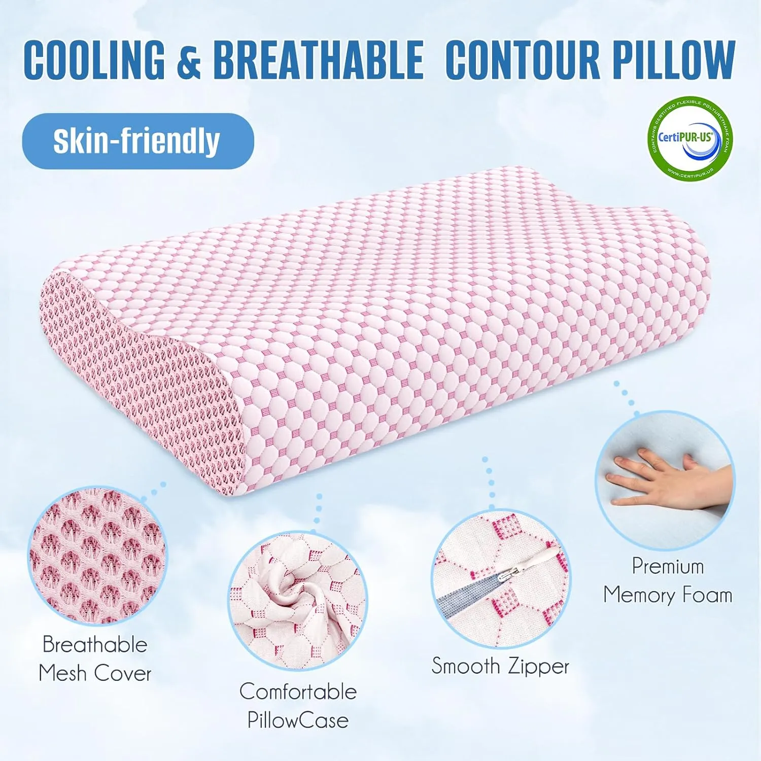 BlissTrends Cervical Pillow for Neck and Shoulder Pain Relief, Memory Foam Pillow for Sleeping, Contour Bed Pillow for Side, Back and Stomach Sleepers,Pink,Standard Size
