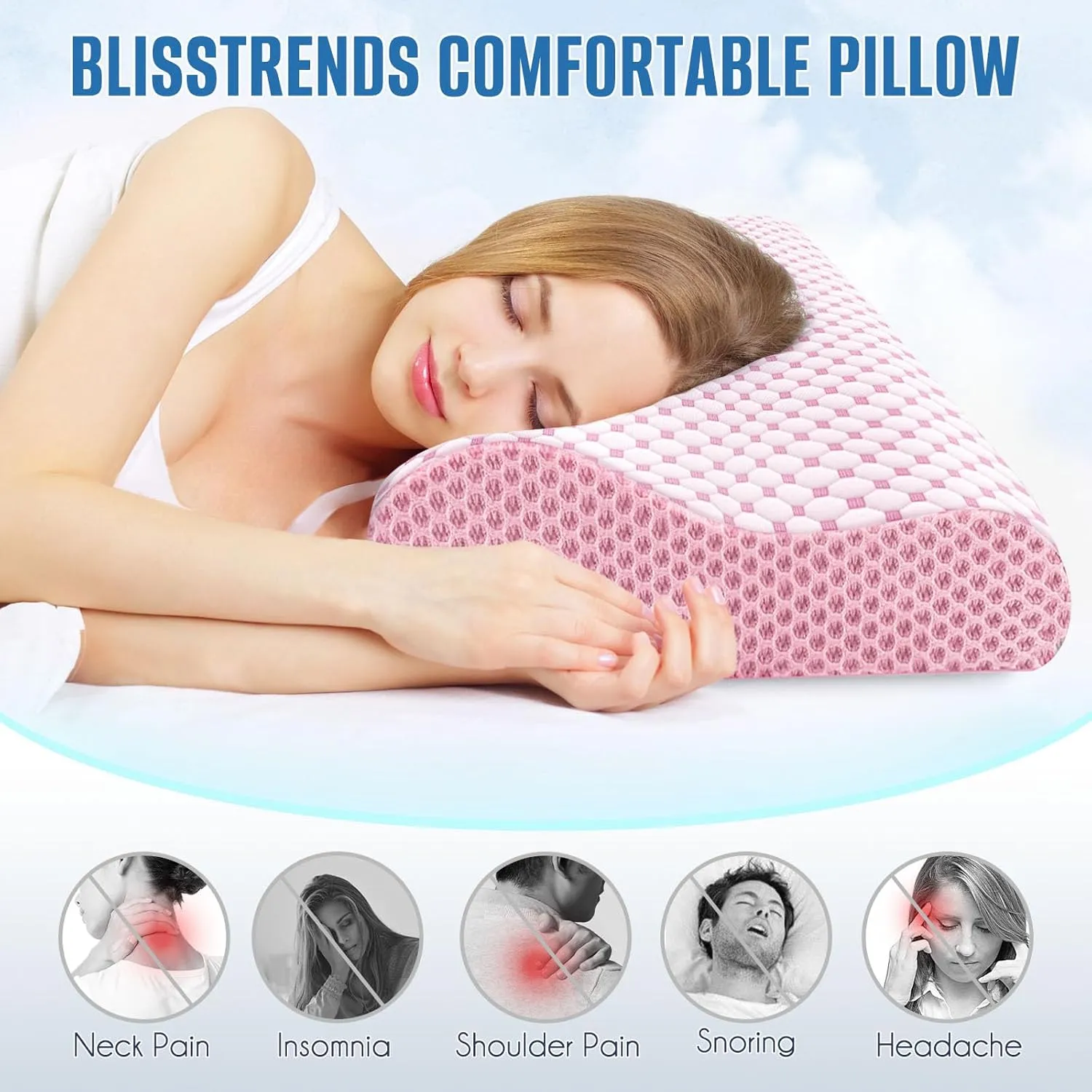 BlissTrends Cervical Pillow for Neck and Shoulder Pain Relief, Memory Foam Pillow for Sleeping, Contour Bed Pillow for Side, Back and Stomach Sleepers,Pink,Standard Size