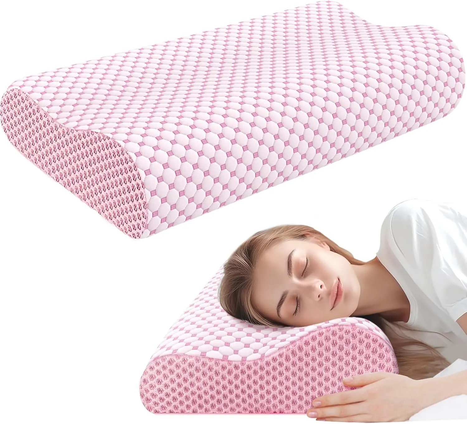 BlissTrends Cervical Pillow for Neck and Shoulder Pain Relief, Memory Foam Pillow for Sleeping, Contour Bed Pillow for Side, Back and Stomach Sleepers,Pink,Standard Size