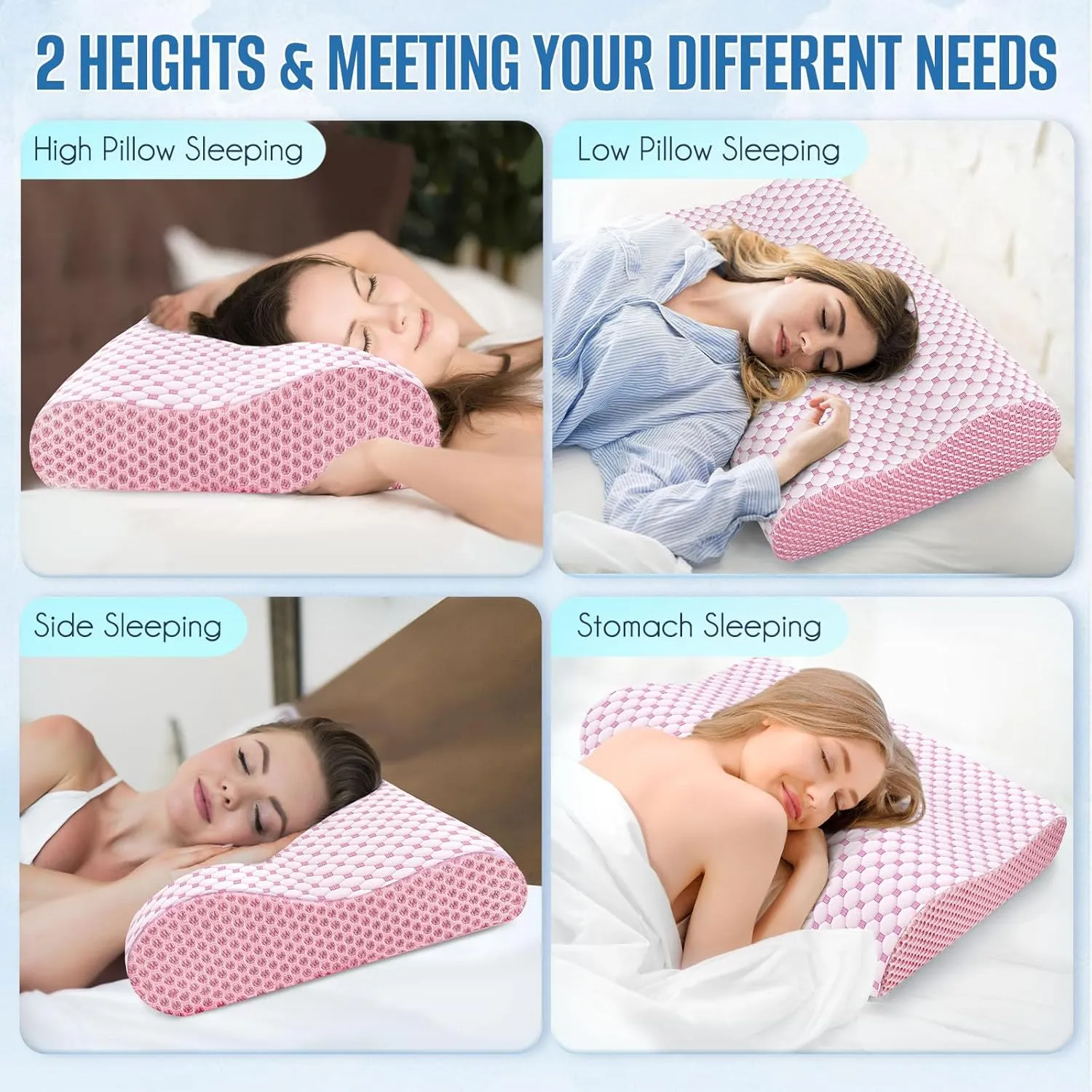 BlissTrends Cervical Pillow for Neck and Shoulder Pain Relief, Memory Foam Pillow for Sleeping, Contour Bed Pillow for Side, Back and Stomach Sleepers,Pink,Standard Size