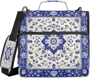 Blue and White Porcelain Foral Zippered Binder Bag with Handle and Shoulder Strap, 1.5 inch 3 Ring D Ring Expanding File Folder Waterproof Multiple Pockets Organizer Binder