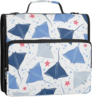 Blue Stingrays Fish Underwater Zipper Binder, 1.5 inch 3 Ring Binder Organizer Bag with Shoulder Strap and Handle, 500 Sheet Capacity