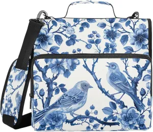 Blue White Porcelain Pattern Zippered Binder Bag with Handle and Shoulder Strap, 1.5 inch 3 Ring D Ring Expanding File Folder Waterproof Multiple Pockets Organizer Binder
