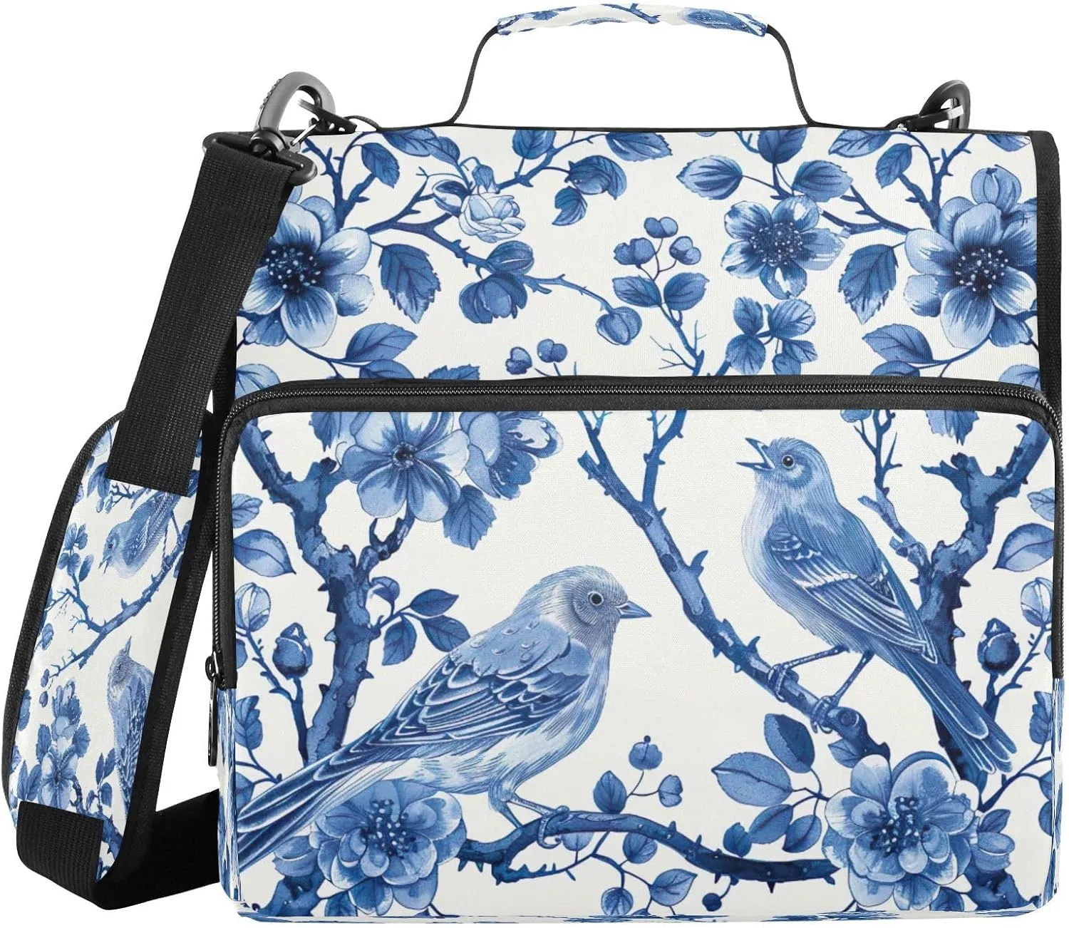 Blue White Porcelain Pattern Zippered Binder Bag with Handle and Shoulder Strap, 1.5 inch 3 Ring D Ring Expanding File Folder Waterproof Multiple Pockets Organizer Binder