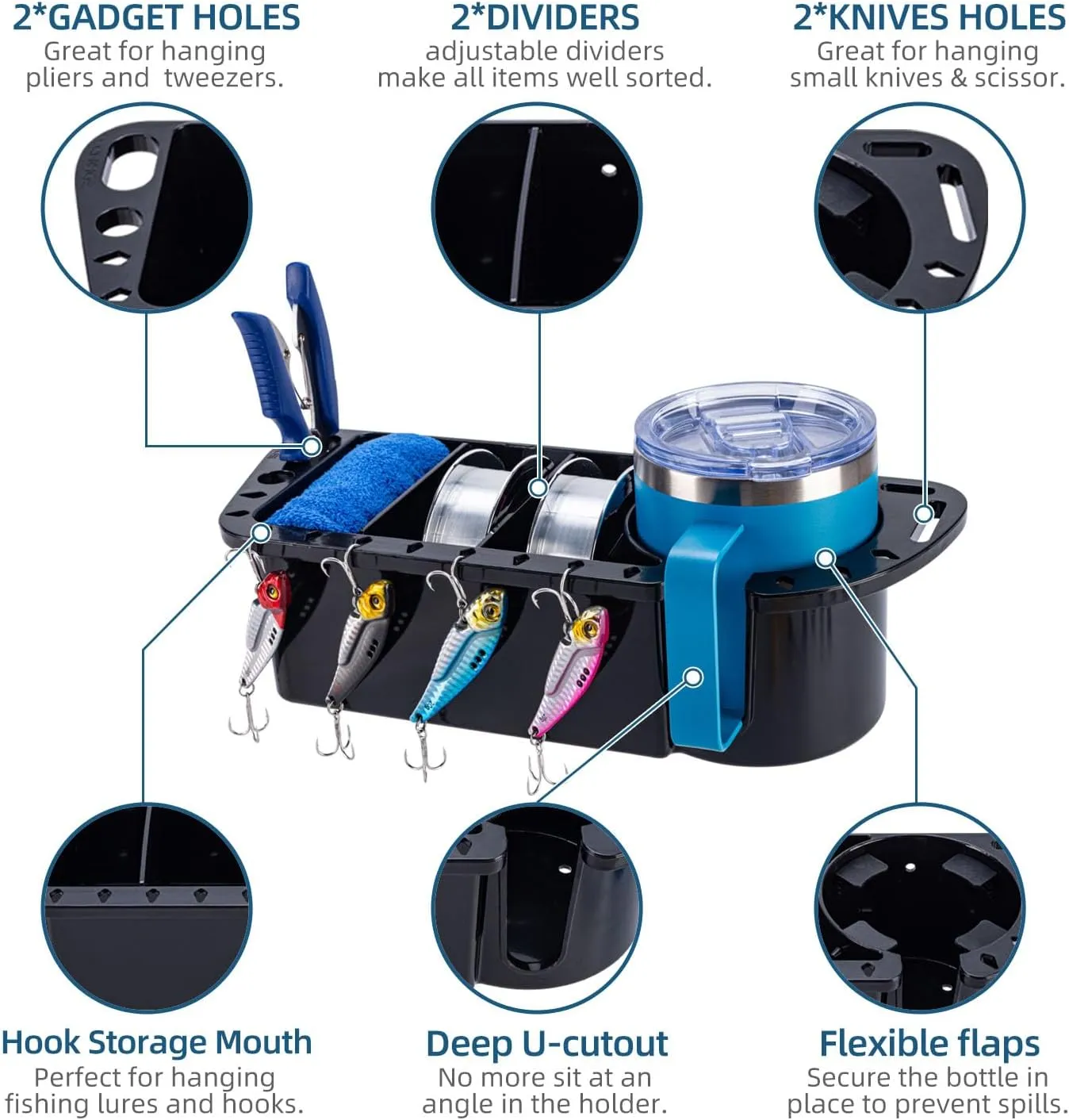 Boat Cup Holder, Boat Caddy Organizer, Multifunctional Boat Storage Organizer for Boat, Kayak, Pontoon, Bass Boat, Jon Boat - Fishing Tool Holder, Boat Fishing Accessories