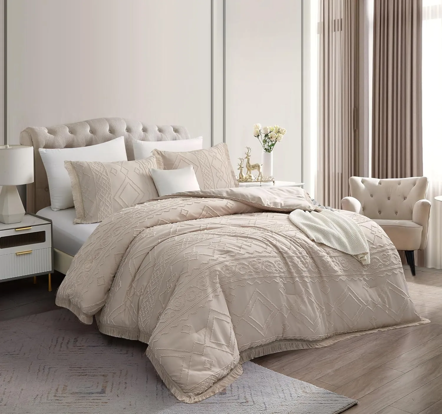 Boho Queen Comforter Set Beige 3 Pieces Tufted Tassel Comforter Set Queen Size Lightweight Queen Size Comforter Sets Shabby Chic Farmhouse Fluffy Beige Comforter Queen Bed Set Gift Choice