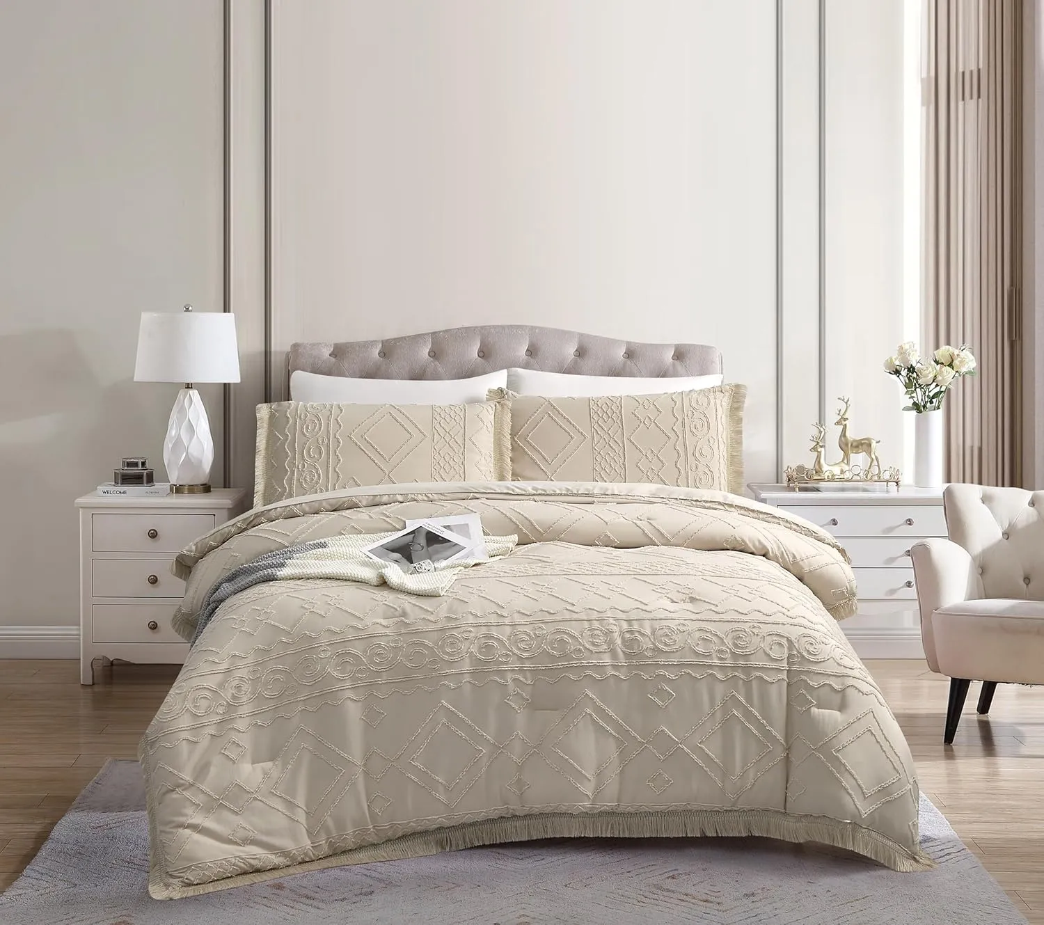 Boho Queen Comforter Set Beige 3 Pieces Tufted Tassel Comforter Set Queen Size Lightweight Queen Size Comforter Sets Shabby Chic Farmhouse Fluffy Beige Comforter Queen Bed Set Gift Choice