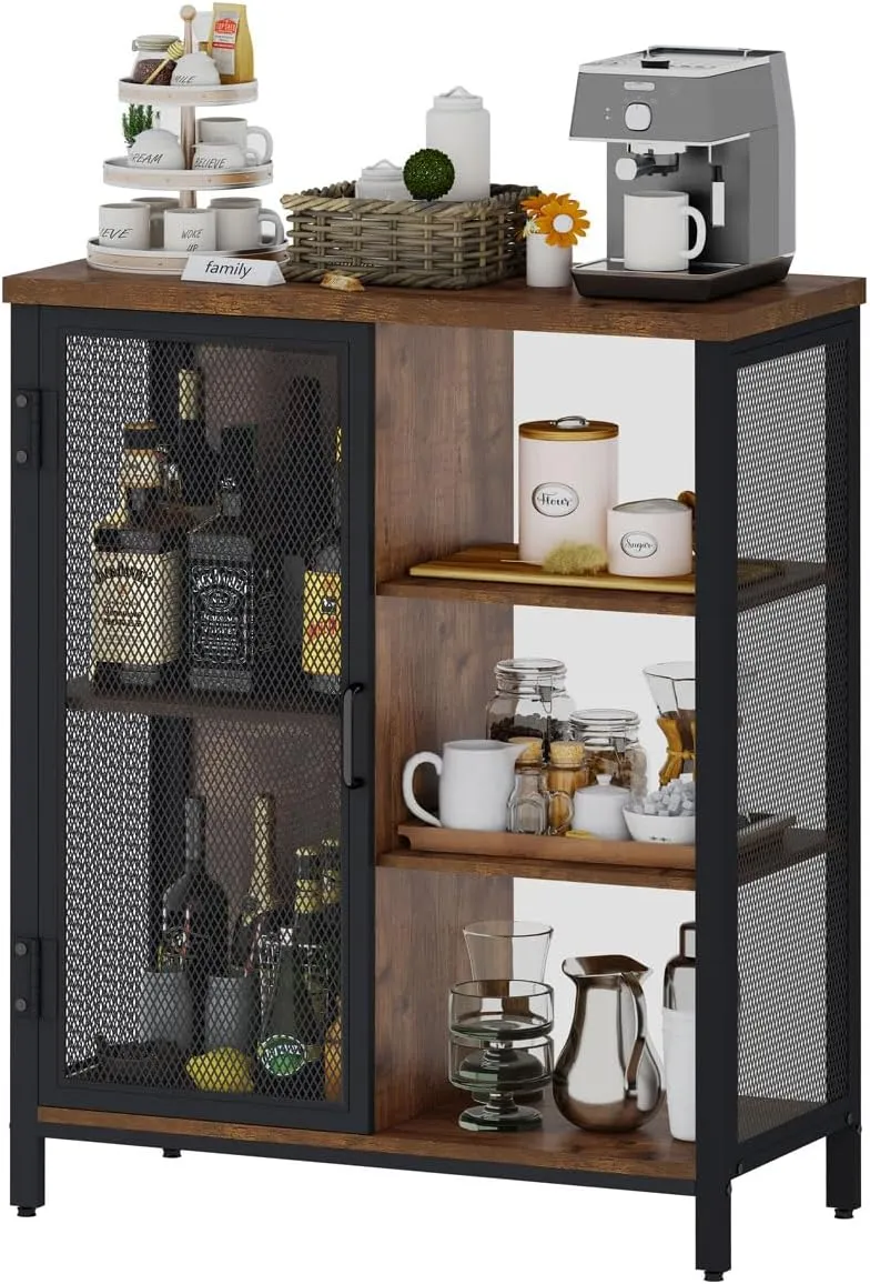 BON AUGURE Coffee Bar Cabinet for Home Liquor, Small Storage Cabinet for Kitchen and Entryway, Farmhouse Industrial Buffet Sideboard Credenza with Adjustable Shelves (Rustic Oak)