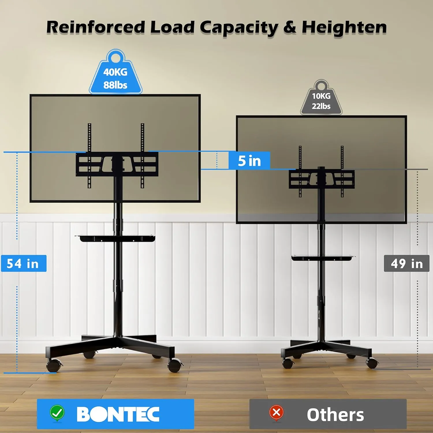 BONTEC Mobile TV Stand, Tilt Rolling TV Cart with Media Shelf and Locking Wheels, Fits 23-60” LED, LCD, OLED Flat Curved TVs, Holds Up to 88lbs, Max VESA 400x400mm, Black