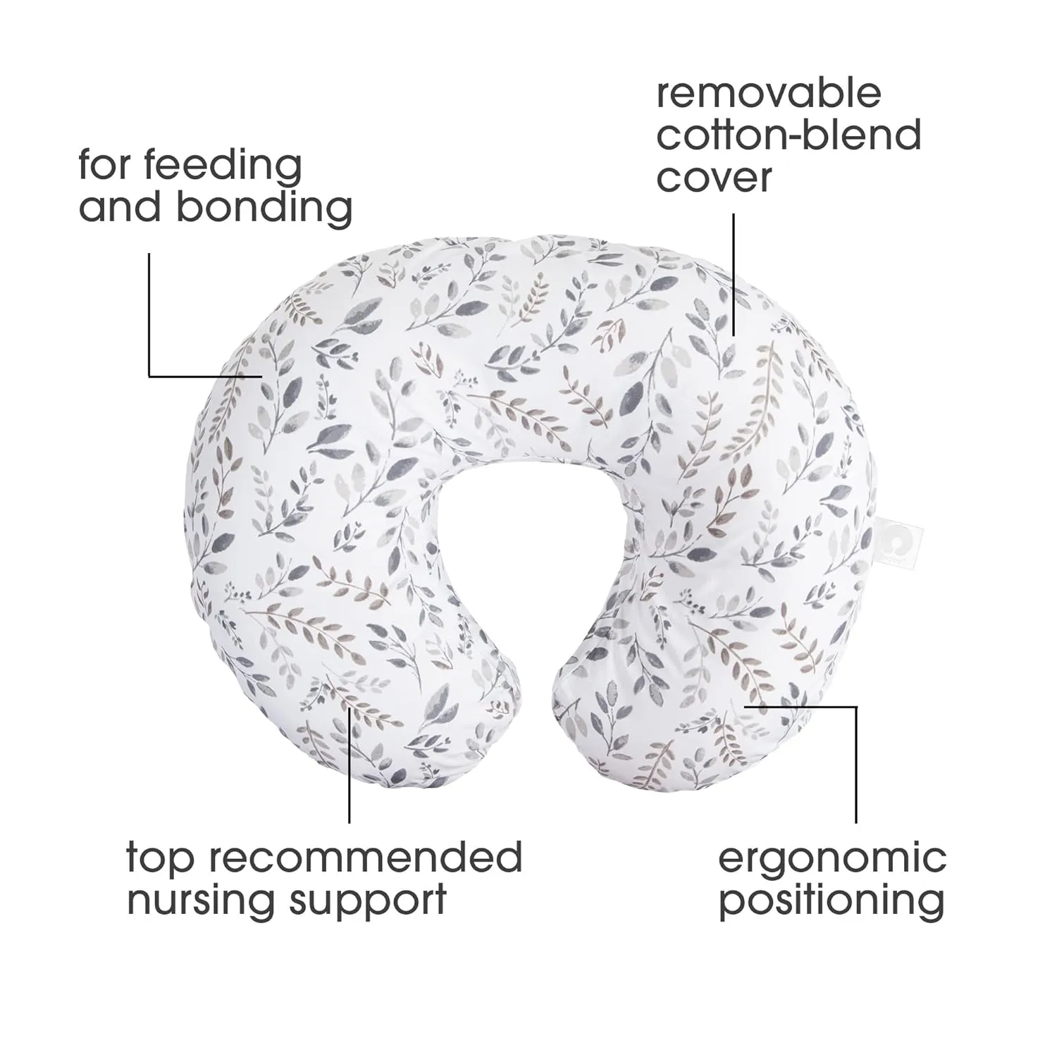 Boppy Original Nursing Pillow, Gray Taupe Leaves, Ergonomic Nursing Essentials for Bottle and Breastfeeding, Firm Fiber Fill, with Removable Pillow Cover, Machine Washable