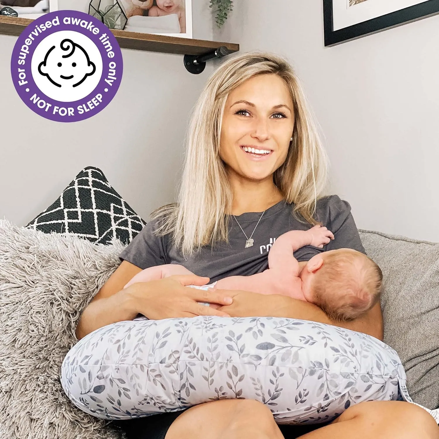 Boppy Original Nursing Pillow, Gray Taupe Leaves, Ergonomic Nursing Essentials for Bottle and Breastfeeding, Firm Fiber Fill, with Removable Pillow Cover, Machine Washable