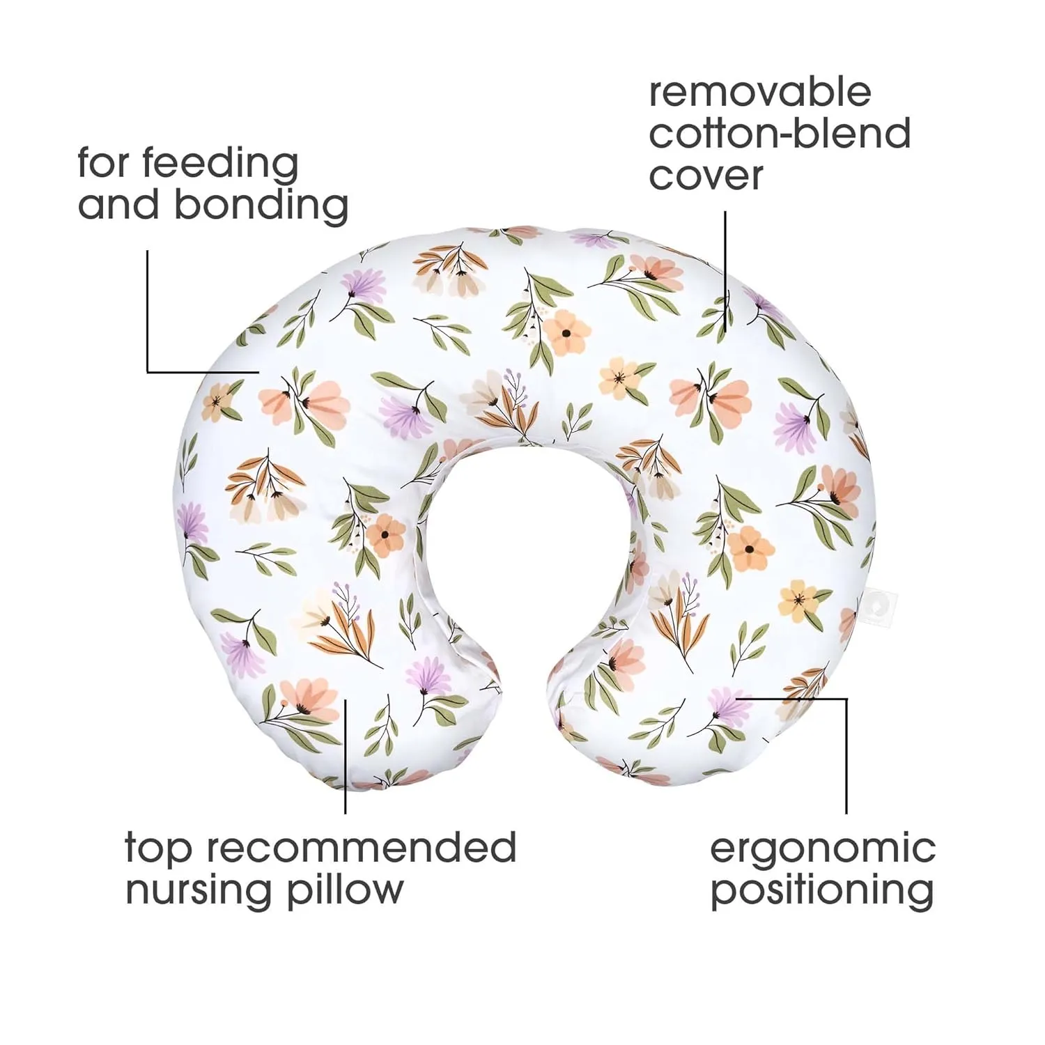 Boppy Original Nursing Pillow, Neutral Wildflowers, Ergonomic Nursing Essentials for Bottle and Breastfeeding, Firm Fiber Fill, with Removable Pillow Cover, Machine Washable