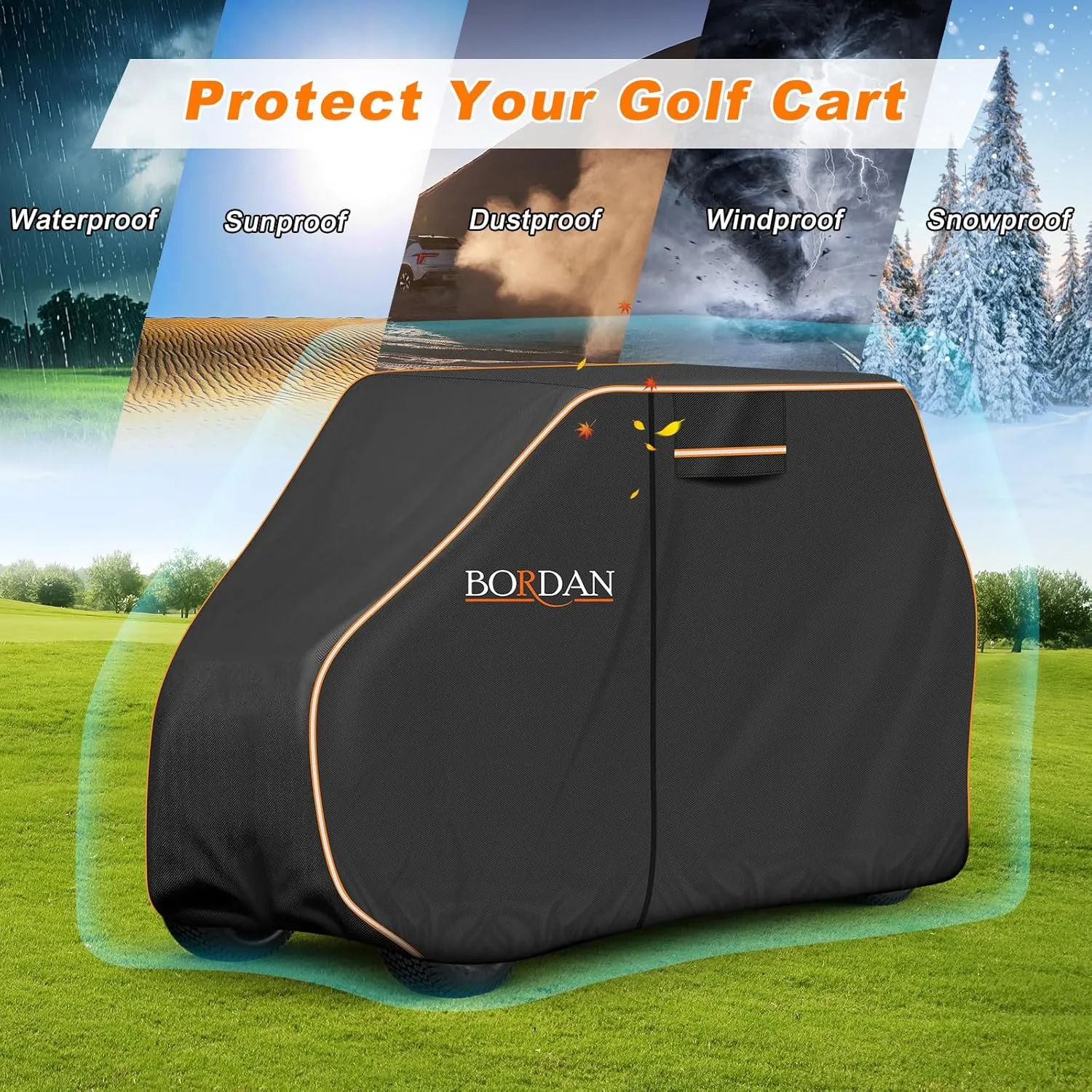 BORDAN Waterproof Golf Cart Cover Fits for Most Brand 2/2 2/4/4 2 Passengers Yamaha, Honda, Club Car, EZGO Golf Carts, 600D Heavy Duty Durable Golf Cart Covers with Waterproof Zipper Doors (3 Sizes)