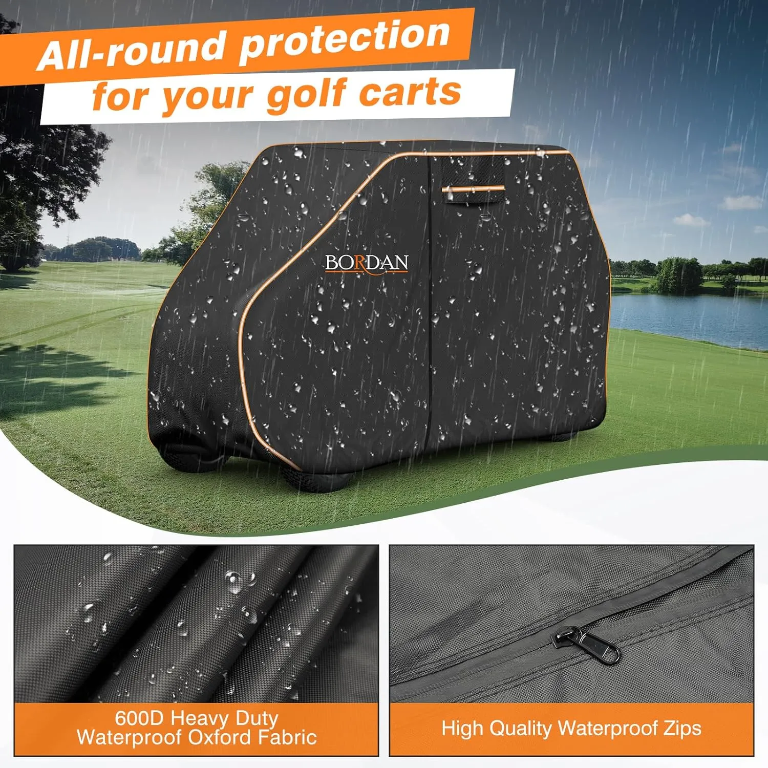 BORDAN Waterproof Golf Cart Cover Fits for Most Brand 2/2 2/4/4 2 Passengers Yamaha, Honda, Club Car, EZGO Golf Carts, 600D Heavy Duty Durable Golf Cart Covers with Waterproof Zipper Doors (3 Sizes)