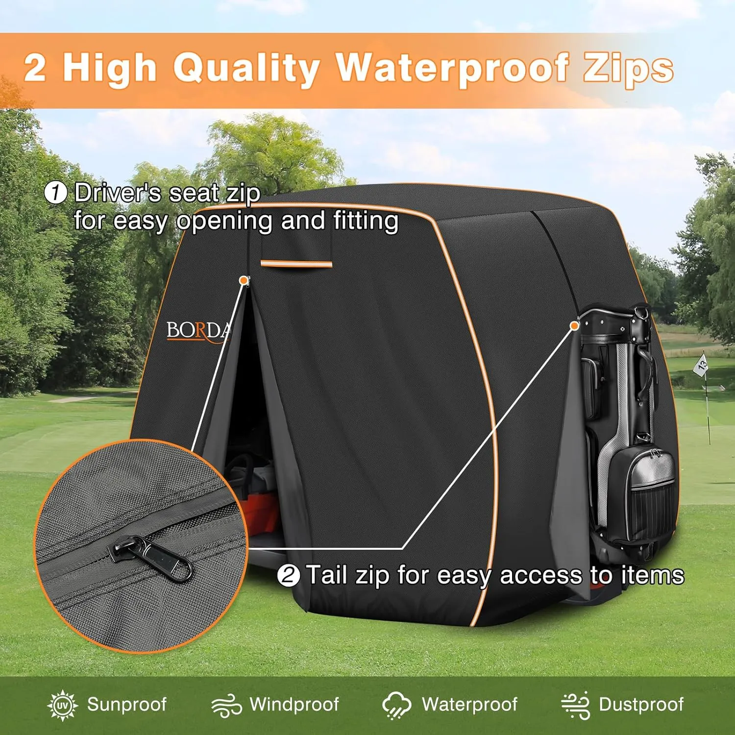 BORDAN Waterproof Golf Cart Cover Fits for Most Brand 2/2 2/4/4 2 Passengers Yamaha, Honda, Club Car, EZGO Golf Carts, 600D Heavy Duty Durable Golf Cart Covers with Waterproof Zipper Doors (3 Sizes)