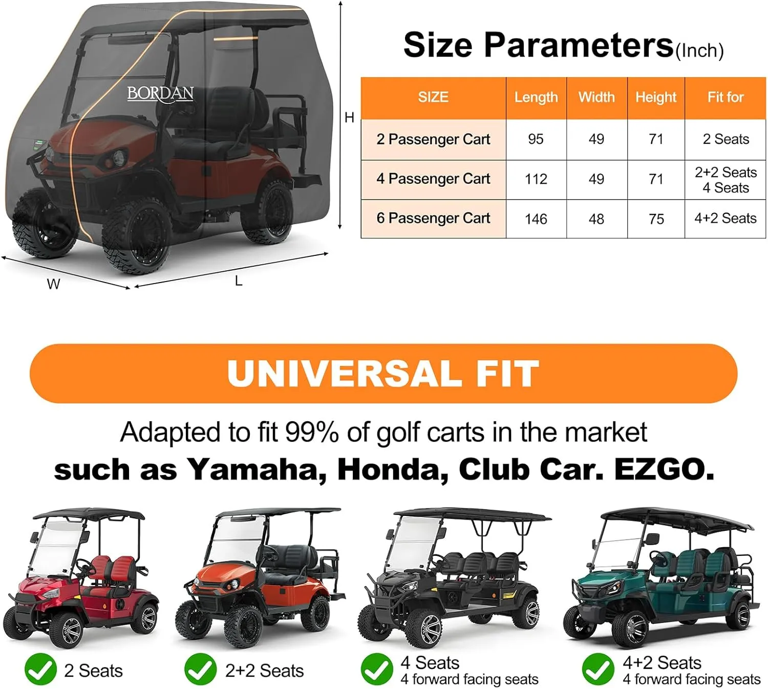 BORDAN Waterproof Golf Cart Cover Fits for Most Brand 2/2 2/4/4 2 Passengers Yamaha, Honda, Club Car, EZGO Golf Carts, 600D Heavy Duty Durable Golf Cart Covers with Waterproof Zipper Doors (3 Sizes)
