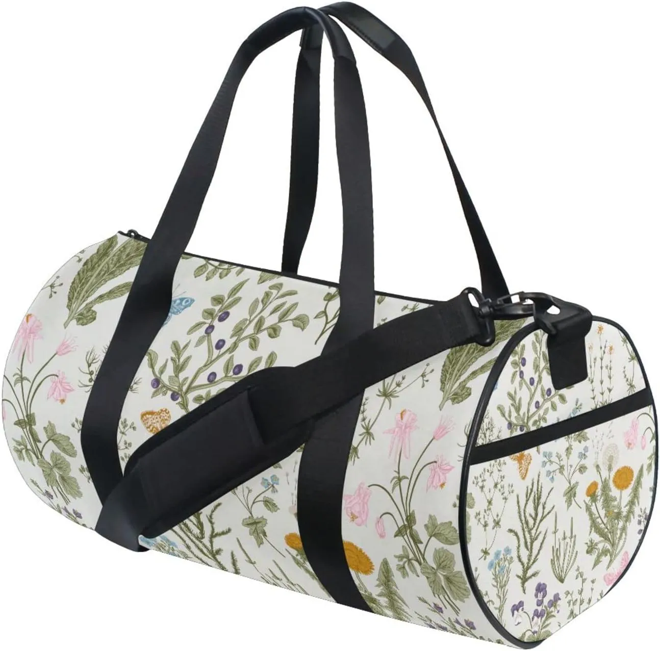 Botanical Herbs and Wild Flowers in Engraving Style Duffel Bag, Foldable Canvas Travel Tote for Gym Sports with Inner Pockets, Durable Lightweight Fitness Bag for Overnight Workout