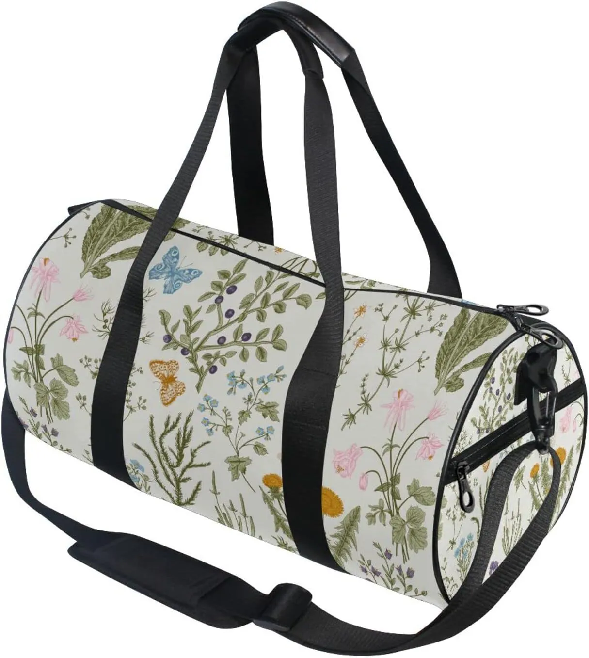 Botanical Herbs and Wild Flowers in Engraving Style Duffel Bag, Foldable Canvas Travel Tote for Gym Sports with Inner Pockets, Durable Lightweight Fitness Bag for Overnight Workout