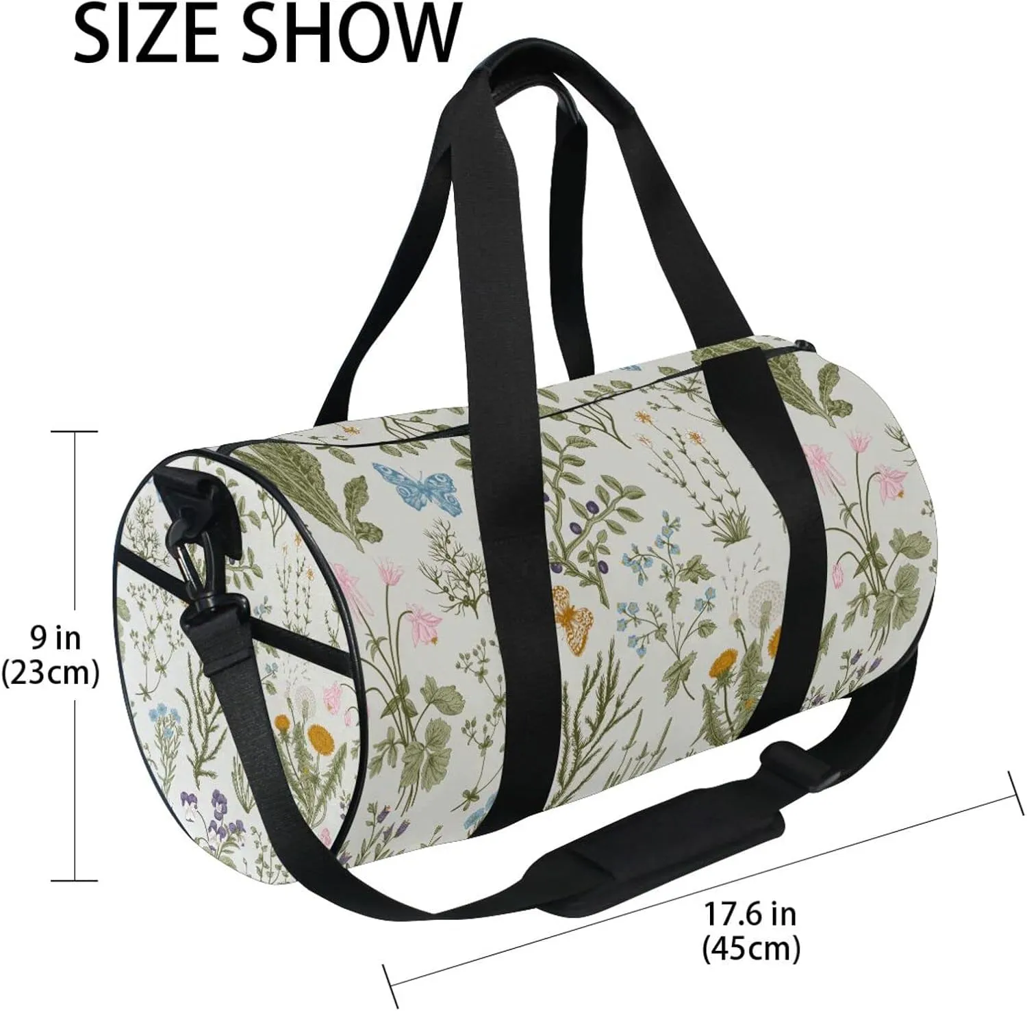 Botanical Herbs and Wild Flowers in Engraving Style Duffel Bag, Foldable Canvas Travel Tote for Gym Sports with Inner Pockets, Durable Lightweight Fitness Bag for Overnight Workout
