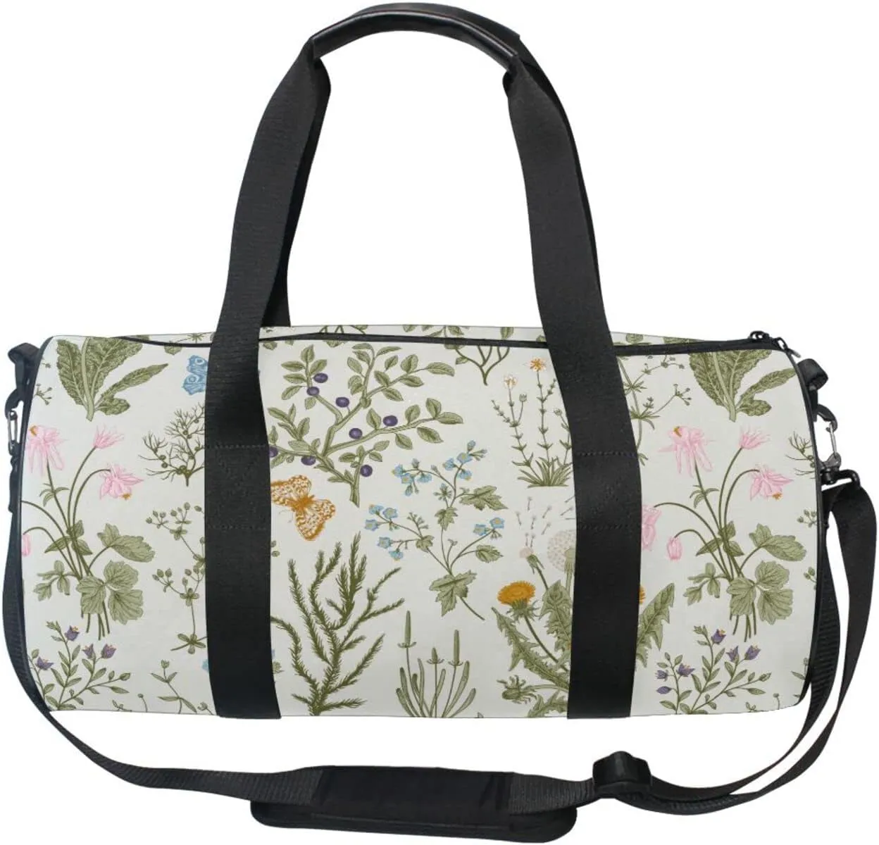 Botanical Herbs and Wild Flowers in Engraving Style Duffel Bag, Foldable Canvas Travel Tote for Gym Sports with Inner Pockets, Durable Lightweight Fitness Bag for Overnight Workout