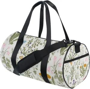 Botanical Herbs and Wild Flowers in Engraving Style Duffel Bag, Foldable Canvas Travel Tote for Gym Sports with Inner Pockets, Durable Lightweight Fitness Bag for Overnight Workout