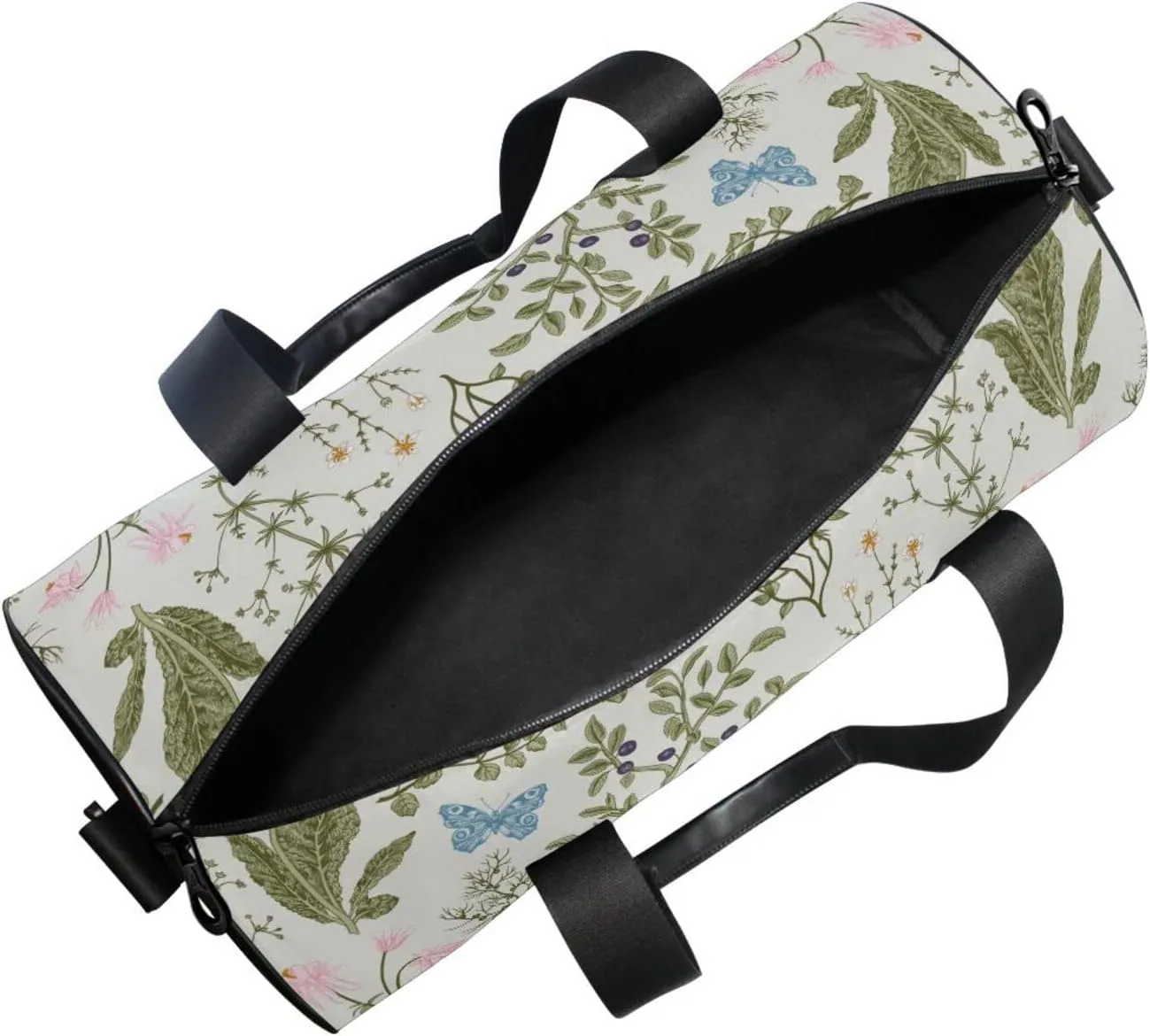 Botanical Herbs and Wild Flowers in Engraving Style Duffel Bag, Foldable Canvas Travel Tote for Gym Sports with Inner Pockets, Durable Lightweight Fitness Bag for Overnight Workout