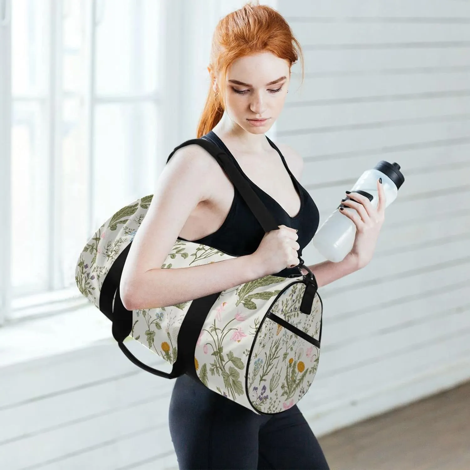 Botanical Herbs and Wild Flowers in Engraving Style Duffel Bag, Foldable Canvas Travel Tote for Gym Sports with Inner Pockets, Durable Lightweight Fitness Bag for Overnight Workout