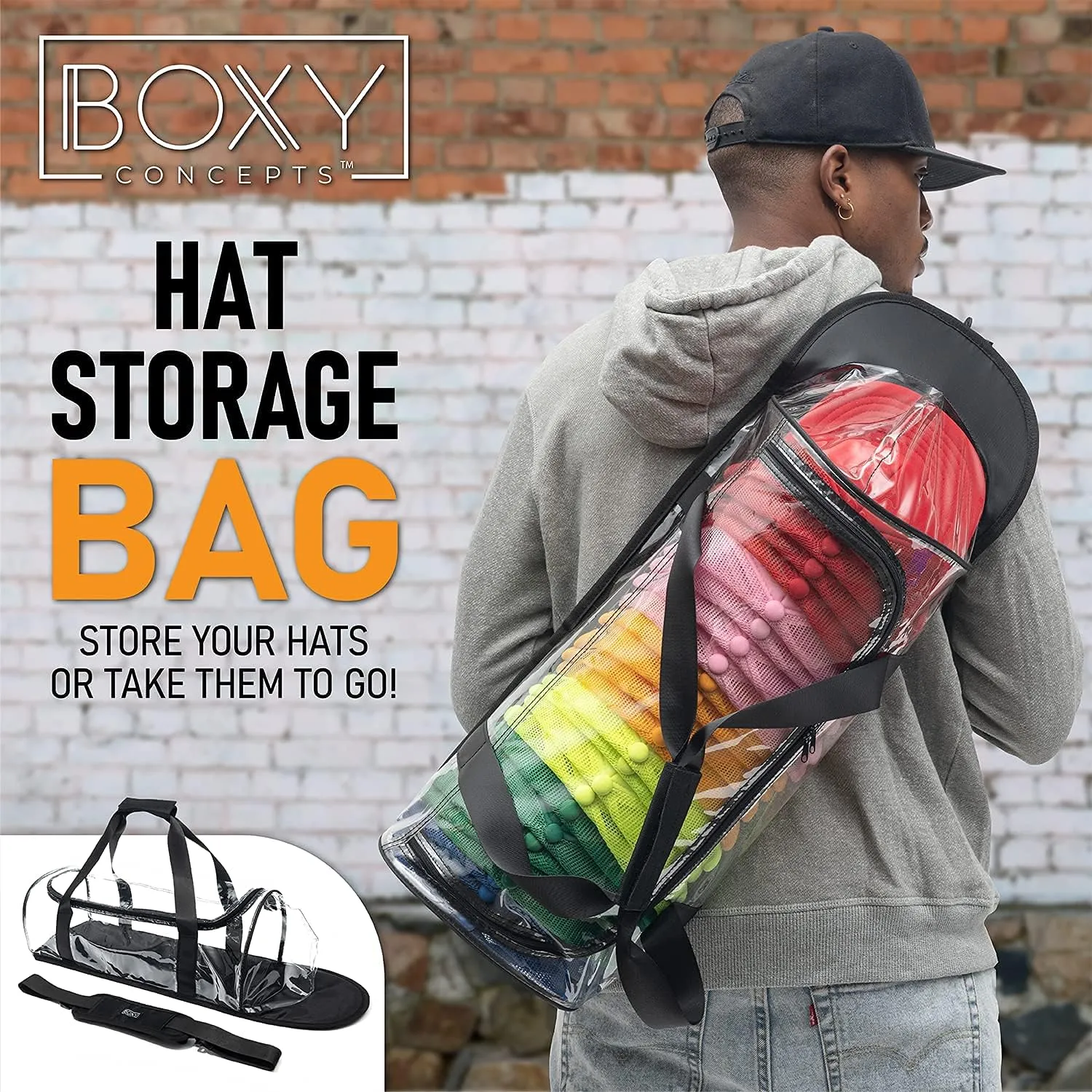 Boxy Concepts Hat Storage Bag - Holds 24 Baseball Caps. Transparent Dome Shaped Carrier Case with Hand and Shoulder Strap. Zippered Hat Organizer, Holder and Storage Bag for Travel