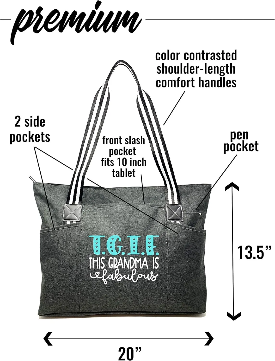 Brooke & Jess Designs Tote Bag for Grandma – Sturdy Canvas Grandma Tote w/Zipper & Inner Pocket Grandma Bag for Everyday Use