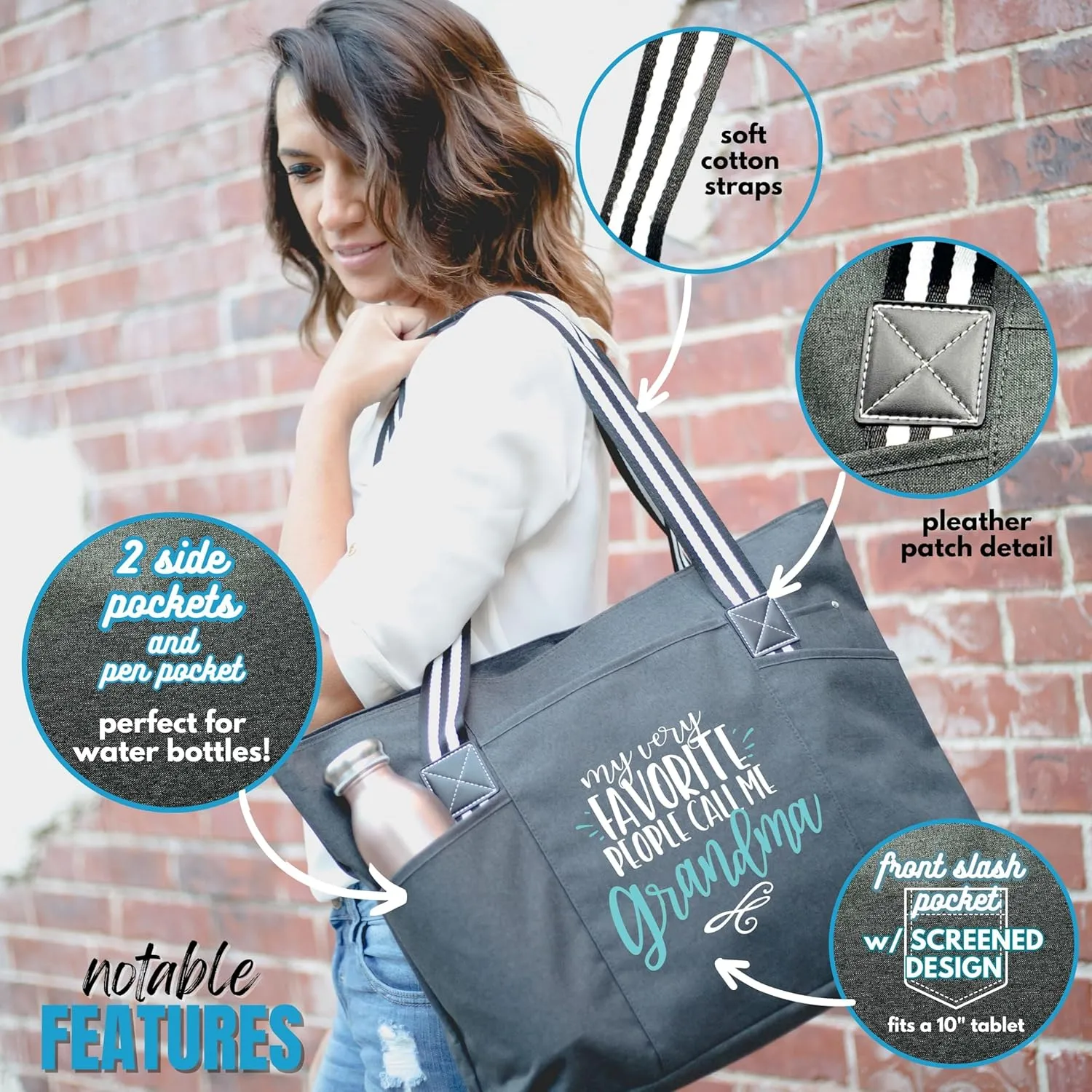 Brooke & Jess Designs Tote Bag for Grandma – Sturdy Canvas Grandma Tote w/Zipper & Inner Pocket Grandma Bag for Everyday Use