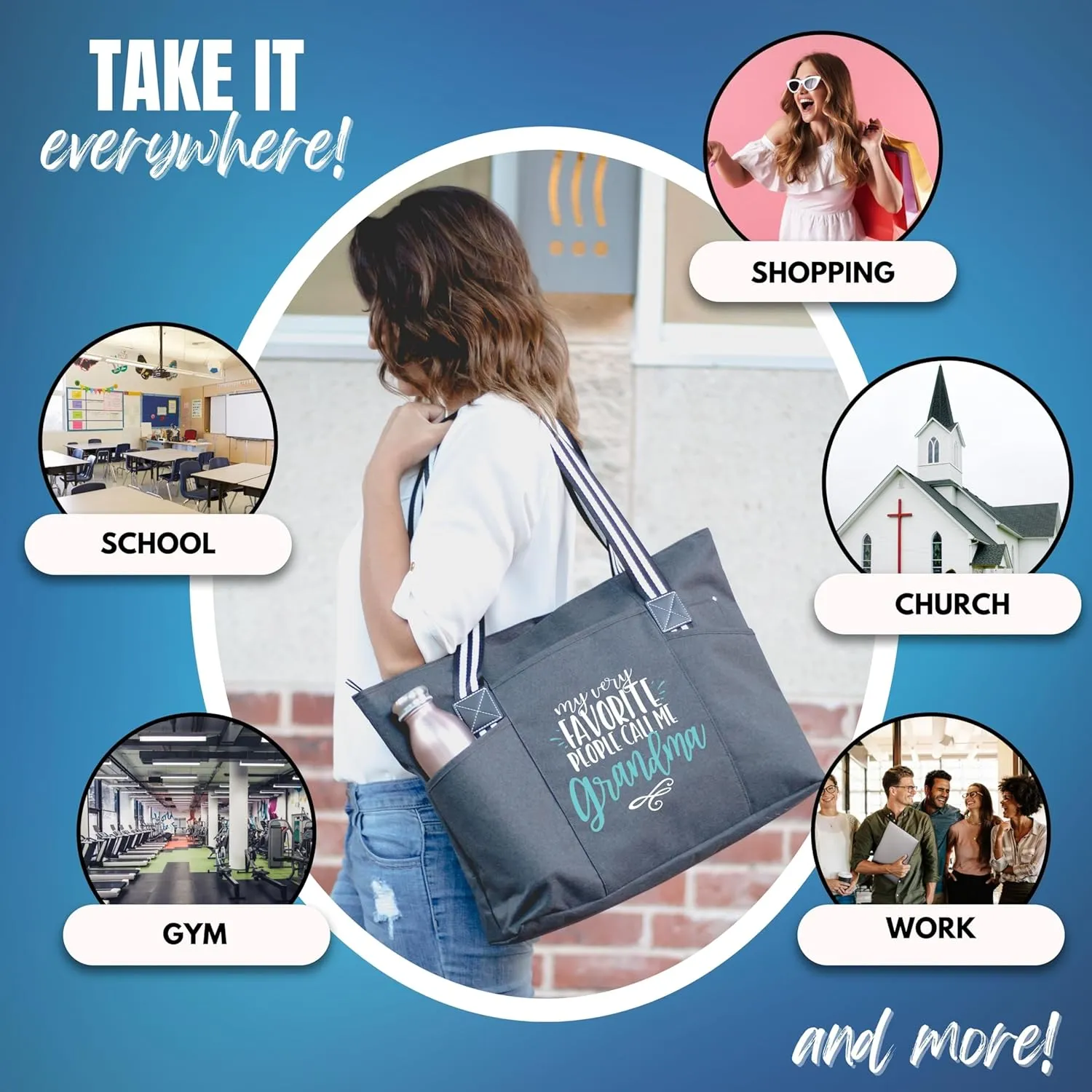 Brooke & Jess Designs Tote Bag for Grandma – Sturdy Canvas Grandma Tote w/Zipper & Inner Pocket Grandma Bag for Everyday Use