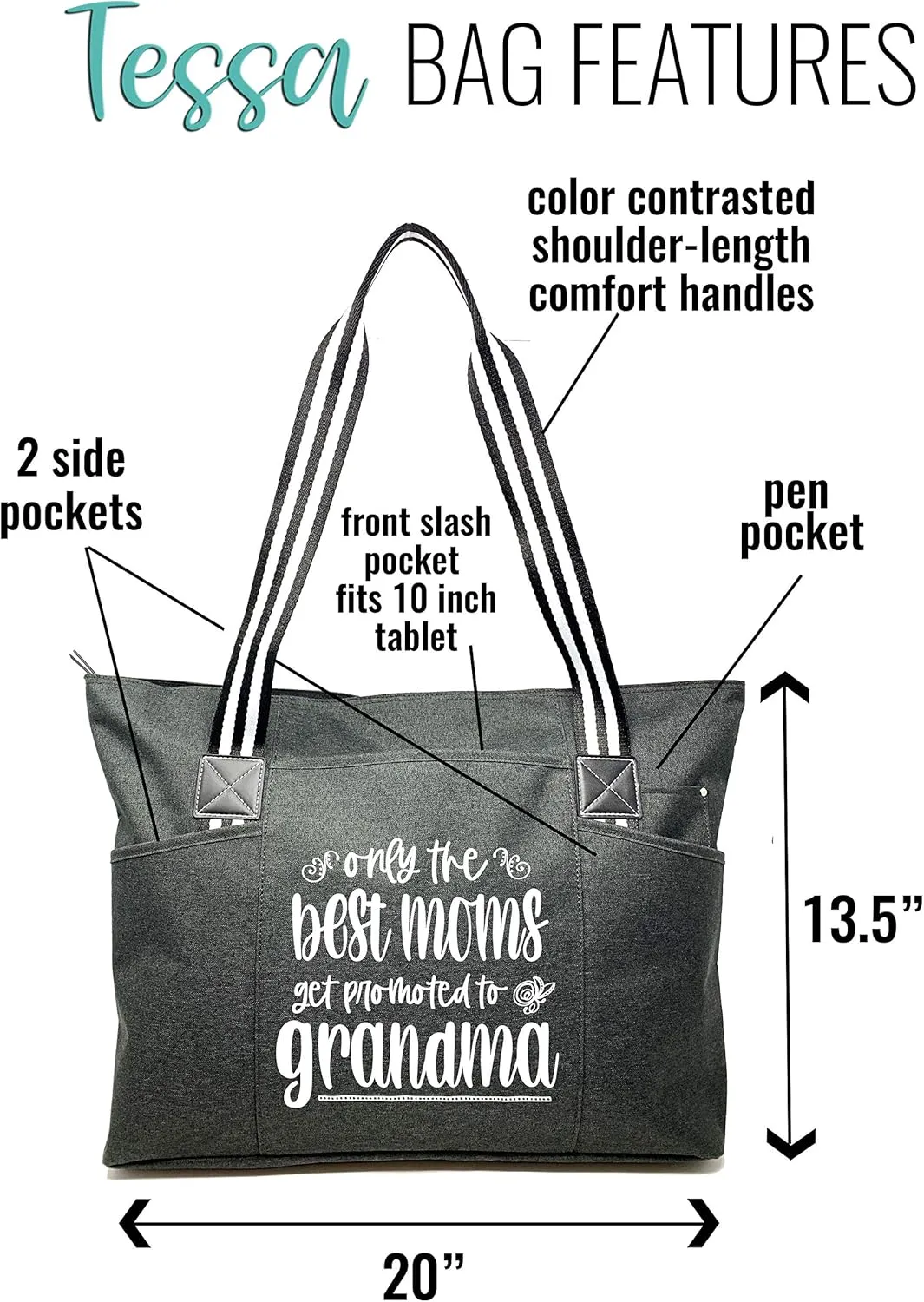 Brooke & Jess Designs Tote Bag for Grandma – Sturdy Canvas Grandma Tote w/Zipper & Inner Pocket Grandma Bag for Everyday Use