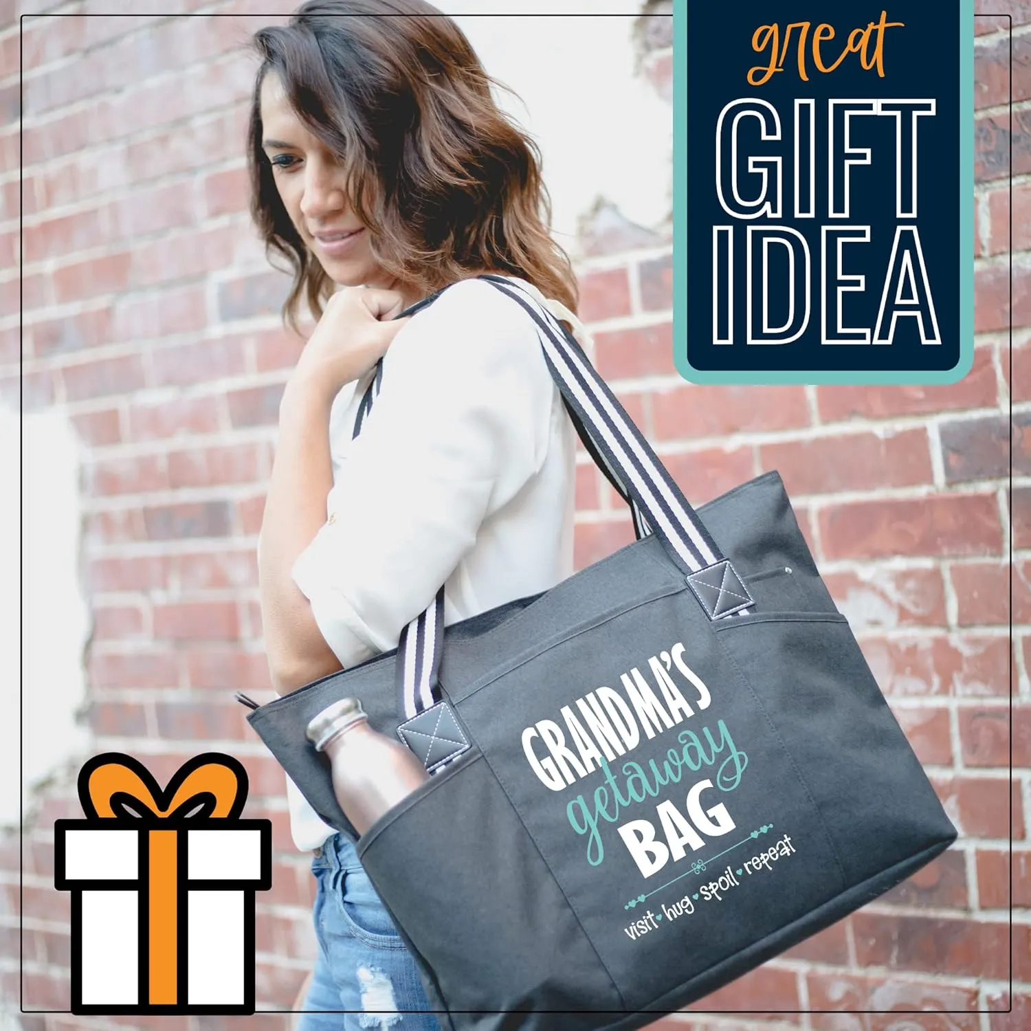 Brooke & Jess Designs Tote Bag for Grandma – Sturdy Canvas Grandma Tote w/Zipper & Inner Pocket Grandma Bag for Everyday Use