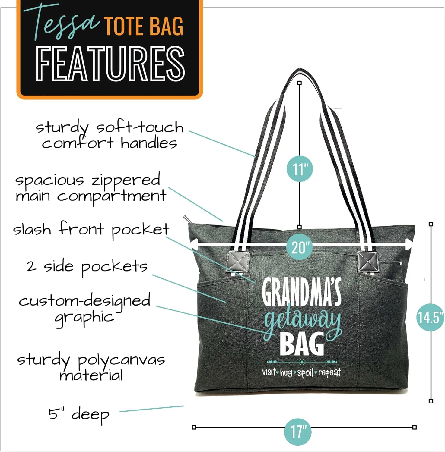 Brooke & Jess Designs Tote Bag for Grandma – Sturdy Canvas Grandma Tote w/Zipper & Inner Pocket Grandma Bag for Everyday Use