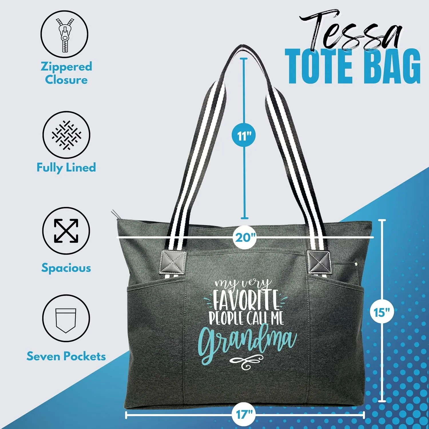 Brooke & Jess Designs Tote Bag for Grandma – Sturdy Canvas Grandma Tote w/Zipper & Inner Pocket Grandma Bag for Everyday Use
