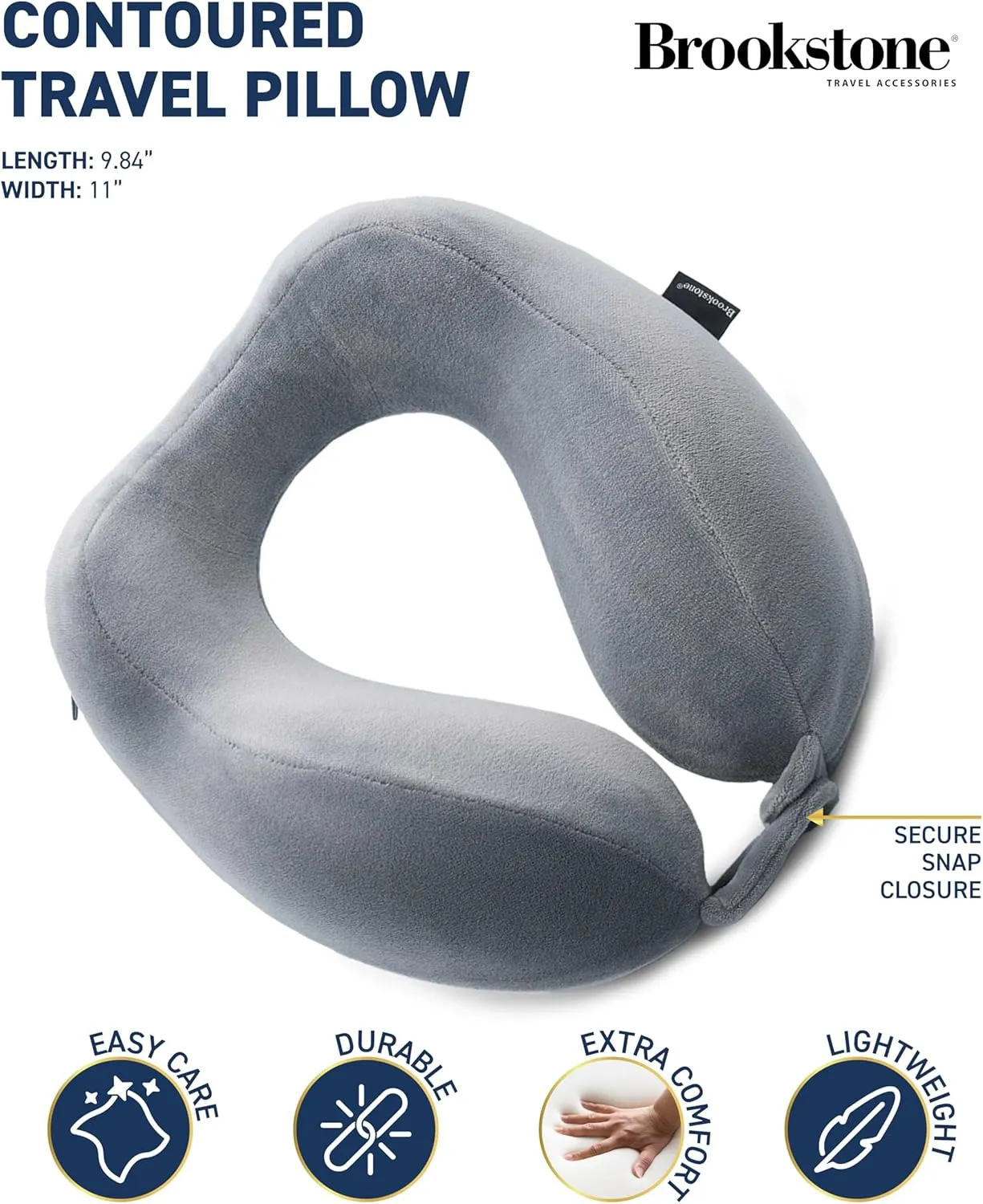 Brookstone Neck Travel Pillow - Lightweight Contoured Memory Foam Stuffable Travel Neck Pillow for Sleeping, Car, & Airplane, Dark Grey