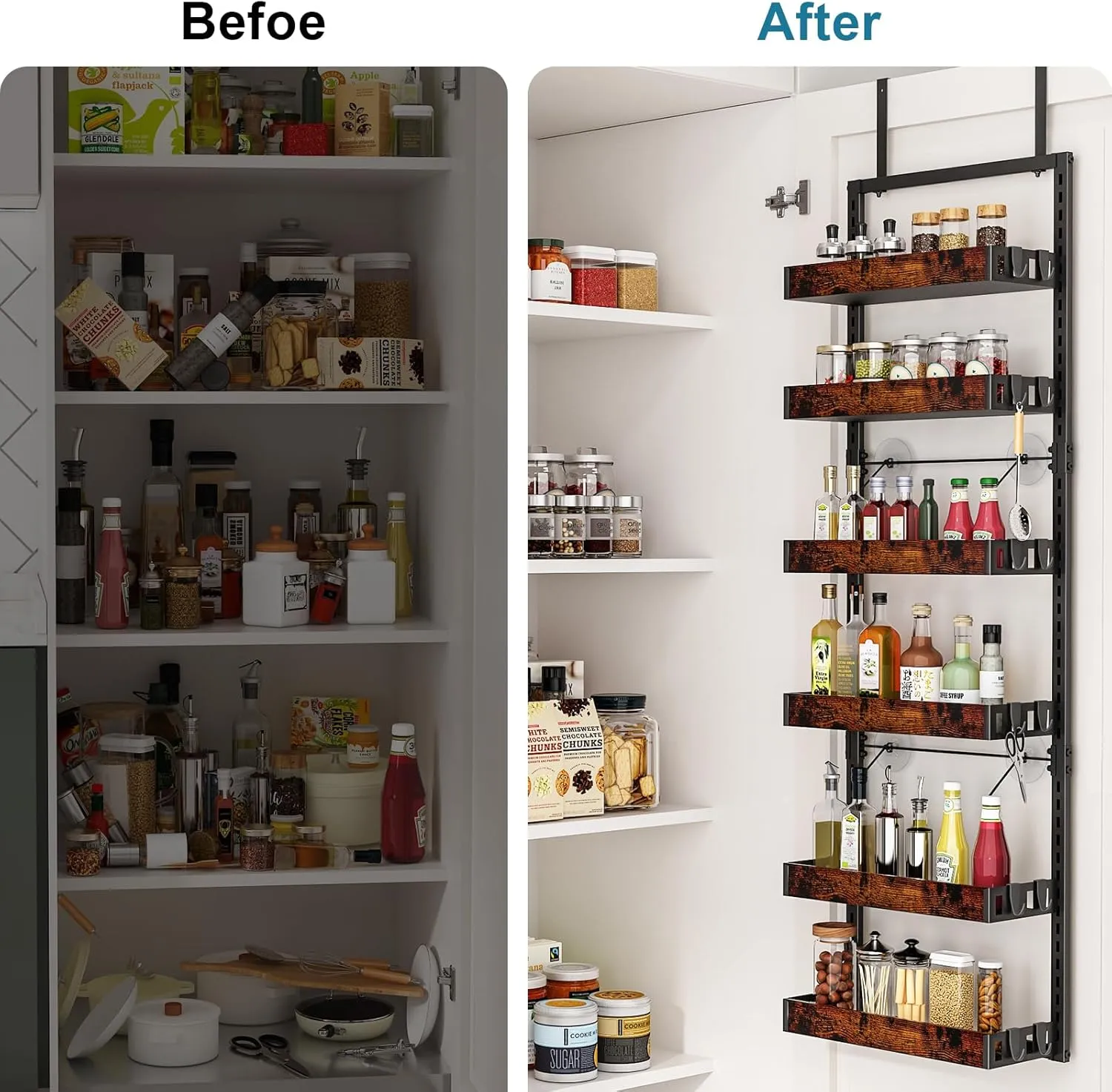 bukfen Over the Door Pantry Organizer, 6-Tier Adjustable Wooden Basket Kitchen Pantry Door Organization and Storage, Heavy-Duty Metal Hanging Kitchen Spice Rack,D6.3 x W17.71 x H50.60 inch,1 Pack