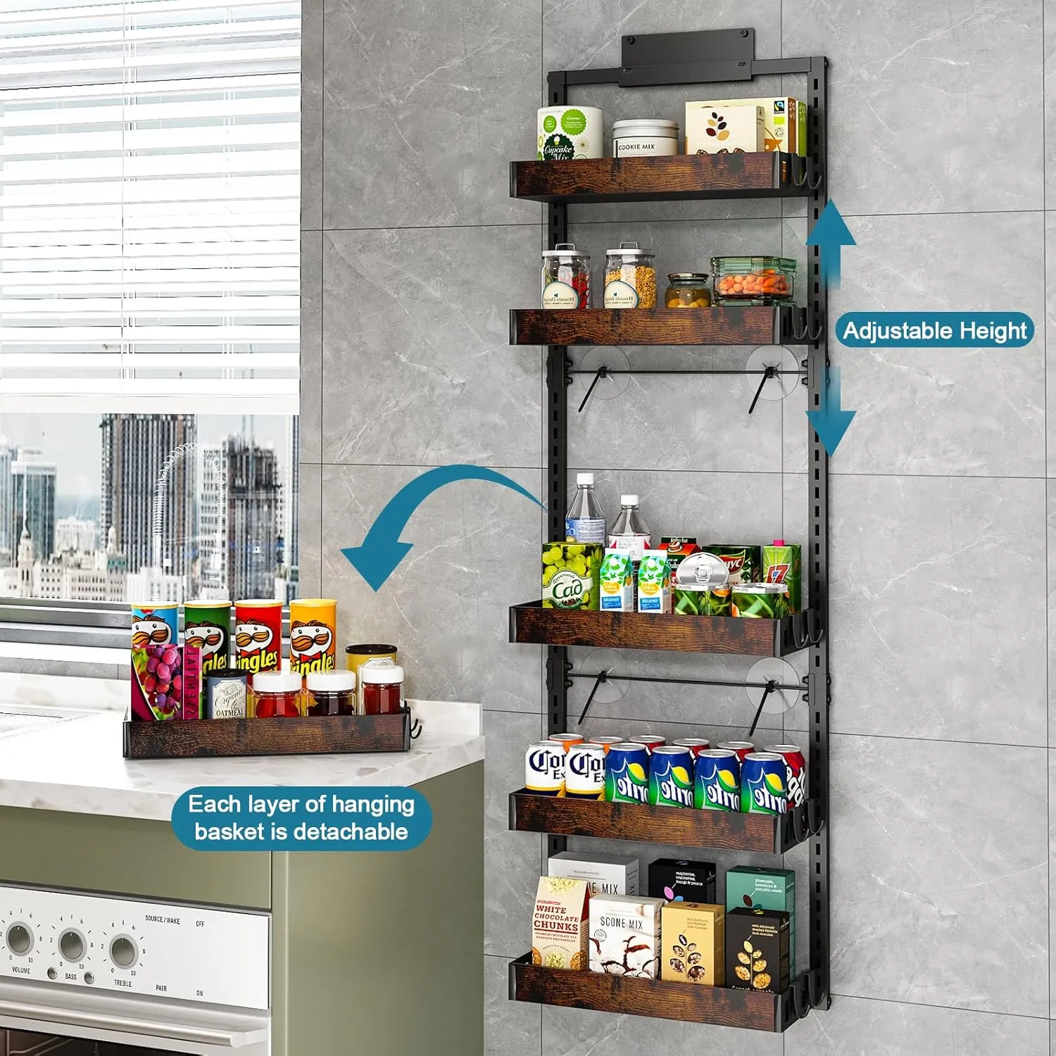 bukfen Over the Door Pantry Organizer, 6-Tier Adjustable Wooden Basket Kitchen Pantry Door Organization and Storage, Heavy-Duty Metal Hanging Kitchen Spice Rack,D6.3 x W17.71 x H50.60 inch,1 Pack